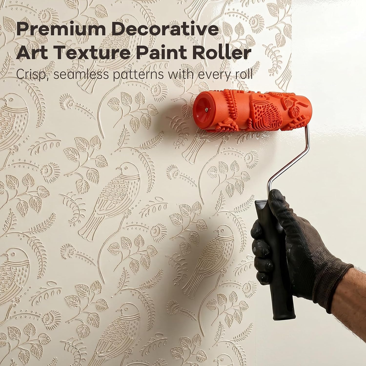 Rubber Texture Paint Roller with Handle 7 Inch Bird Pattern Wall Decor Tool for Plaster, Glaze, Chalk Based Coatings, and Feature Wall Work Patterned Paint Roller Embossed Bird Texture
