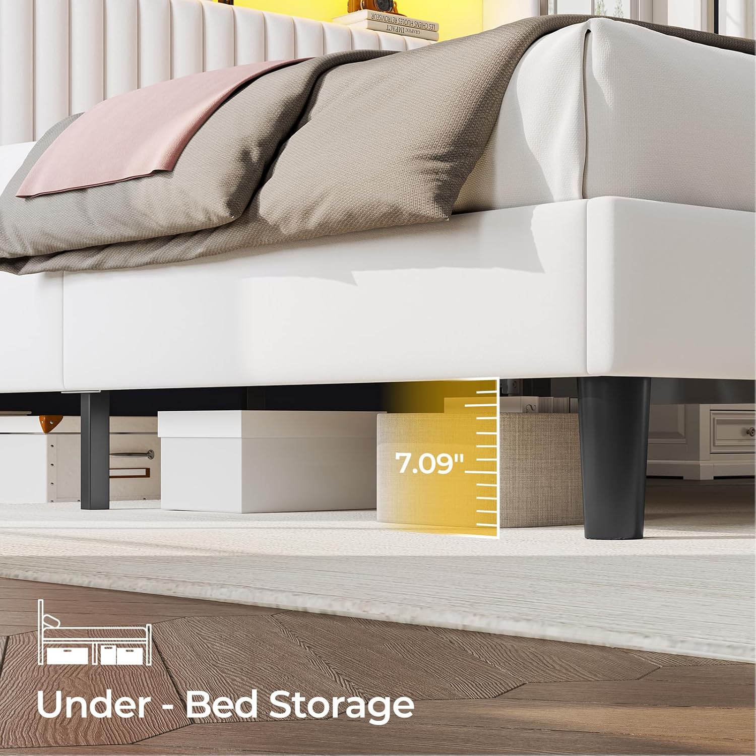 Seventable Full Size Bed Frame with Charging Station, LED Bed with Velvet Upholstered Storage Headboard, Metal Platform with Under Bed Storage, No Box Spring Needed, Noise Free, Easy Assembly, White