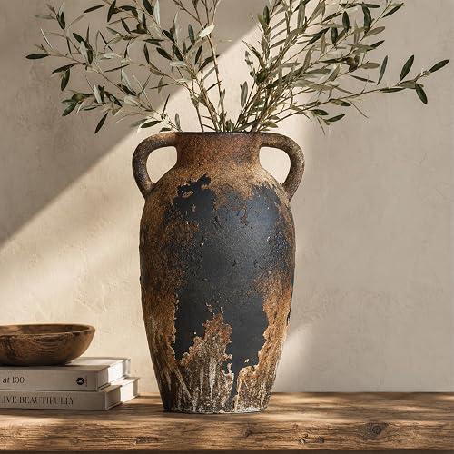 Wabi Sabi Vase with Handles, Brown Rustic Rusty Ceramic Vase for Home Decor, Terracotta Decorative Flower Vases for Centerpiece, Farmhouse Vintage Pottery Living Room Table Entryway Mantel Shelf Decor