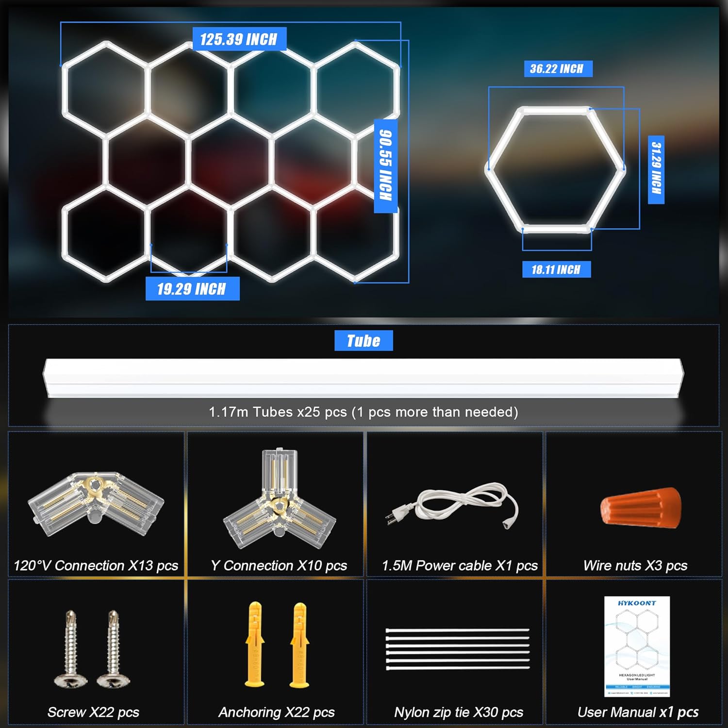 HYKOONT 47 Pack LED Hexagon Garage Light 276W LM Ultra-Bright Honeycomb Lighting Kits Linkable Plug-in Car Detailing Ceiling Light for Garage, Warehouse, Workshop, Gym, Basement, Car Care Wash Room