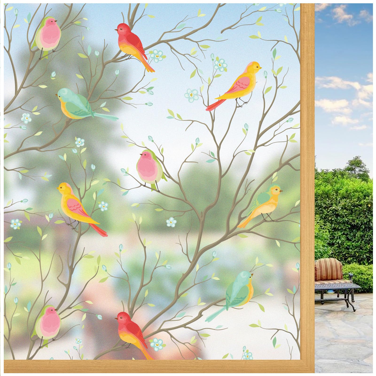 Lifetree Stained Glass Window Film Self Adhesive for Glass Windows, Anti UV Bird Patterned Decorative Window Film Static Cling for Bathroom and Door (Translucent, 75 * 200cm)