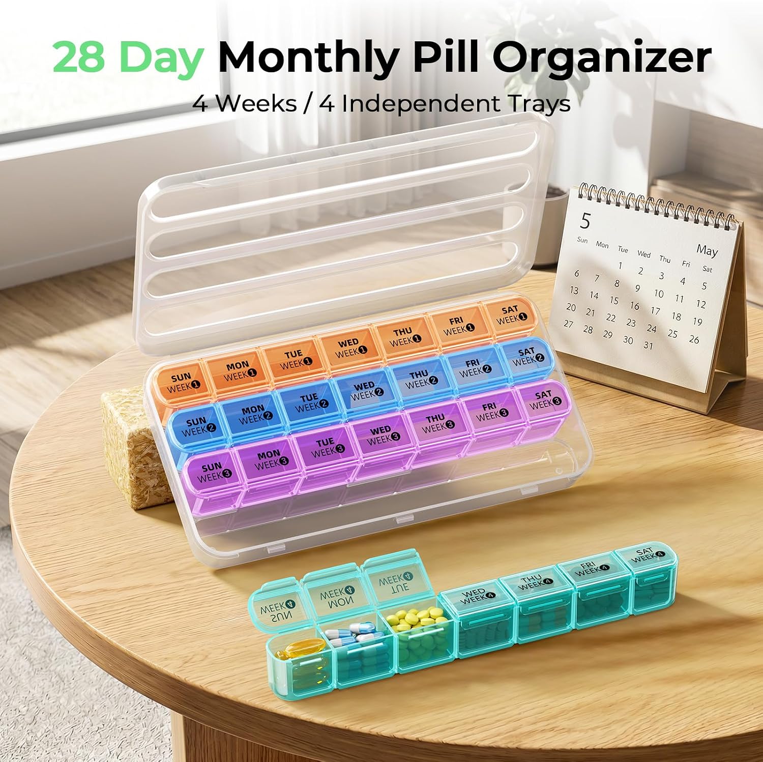 Daviky Monthly Pill Organizer 28 Day, 4 Week Pill Box with Removable Weekly Trays, Large BPA-Free Pill Organizer for Vitamins, Supplements and Medication, Travel Pill Case with Storage Box, White