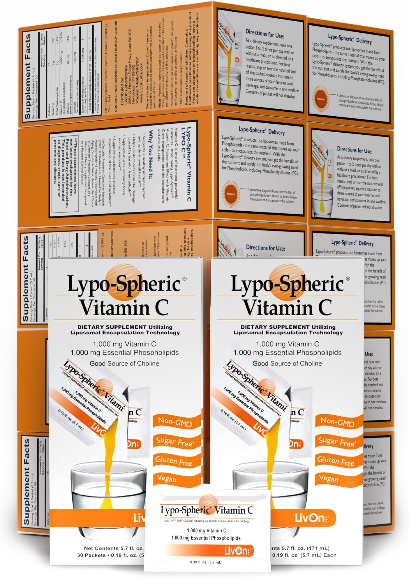 LivOn Laboratories - Lypo–Spheric Vitamin C – 1,000 mg Vitamin C & 1,000 mg Essential Phospholipids Per Packet – Liposome Encapsulated for Improved Absorption – Non–GMO - 12 Pack (360 Count)