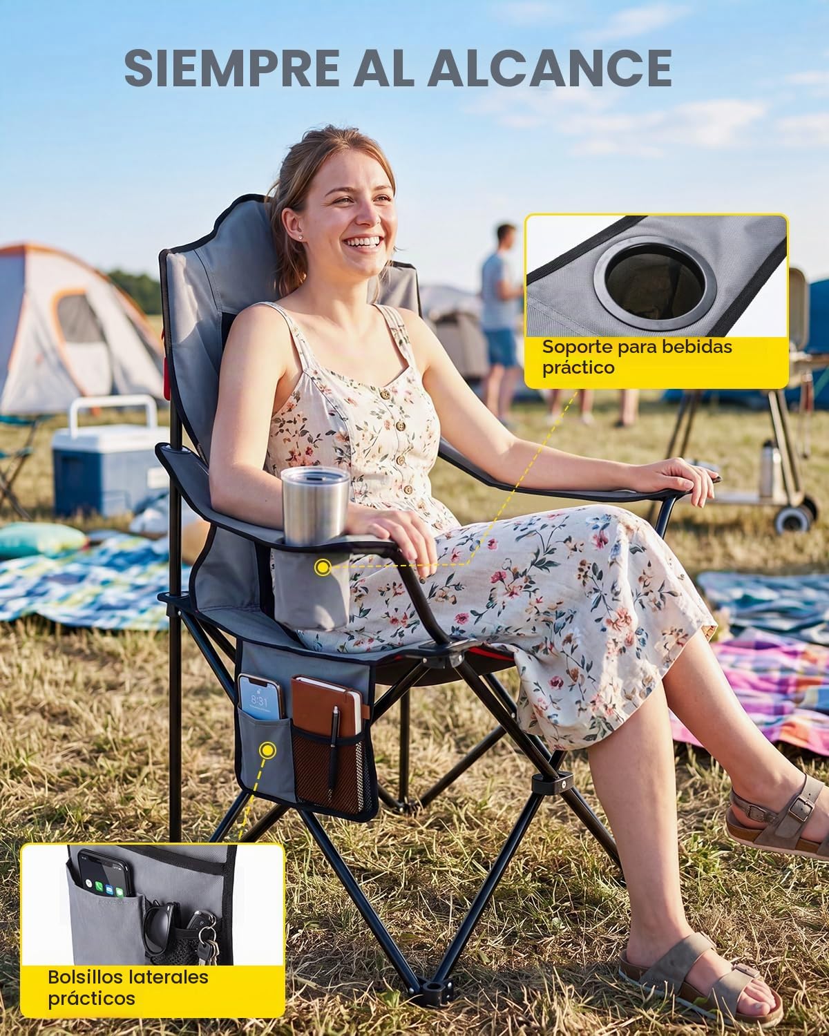 YEAUPE PRO Silla de Camping Plegable, Sillas de Pesca, hasta 150 kg, L | Respaldo Alto, con Portavasos y Bolsa de Transporte, Silla Exterior para Camping, Playa, Jardín y Pesca