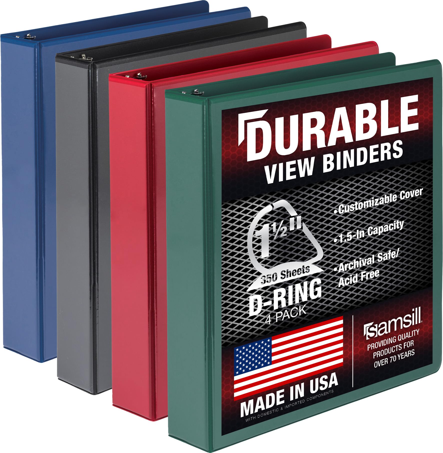 Samsill Duable 1.5 Inch Binder D Ring/Customizable Clear View Binder/Multi Color Pack/Bulk Binder 4 Pack/Blue 3 Ring Binder โ image 1