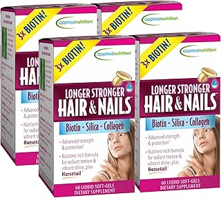 Applied Nutrition Longer Stronger Hair & Nails - 60 Liquid Soft-Gels, Pack of 4 - with Biotin, Silica & Collagen - 30 Serv...