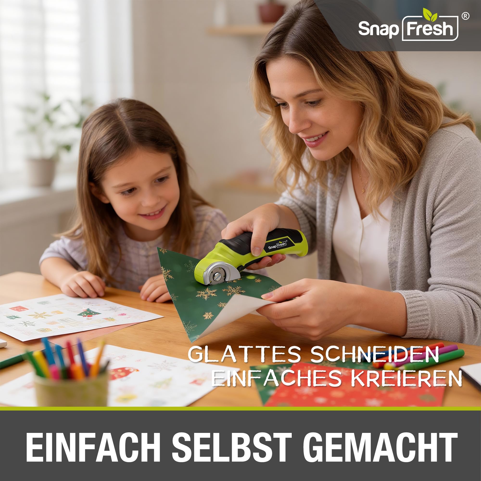 SnapFresh Kartonschneider Elektrische Schere 4V Kabellose Rollschneider Akku-Universalschneider Akkuschere - 2 Selbstschärfende Klingen - für Karton, Pappe, Teppich, Leder, Filz, Kunststoff