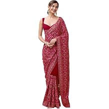 TRENDMALLS Women's Satin Embroidery With Sequence Work Saree with Unstitch Blouse Piece For Women