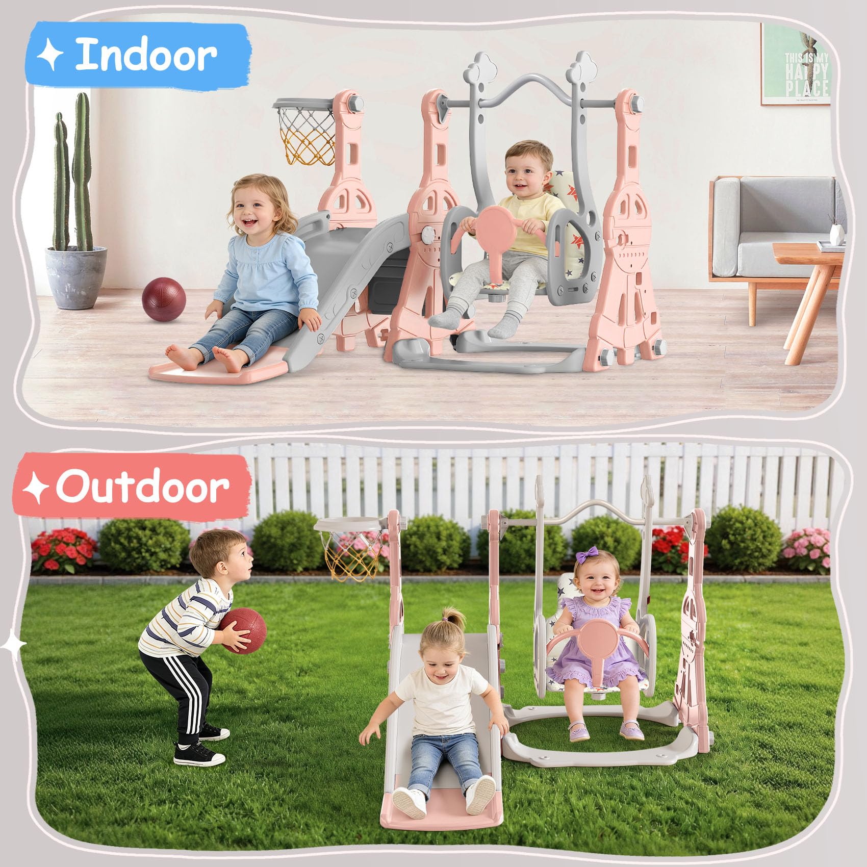 BIERUM 4 in 1 Kleinkind Rutsche & Schaukel Set mit Basketballkorb Indoor/Outdoor