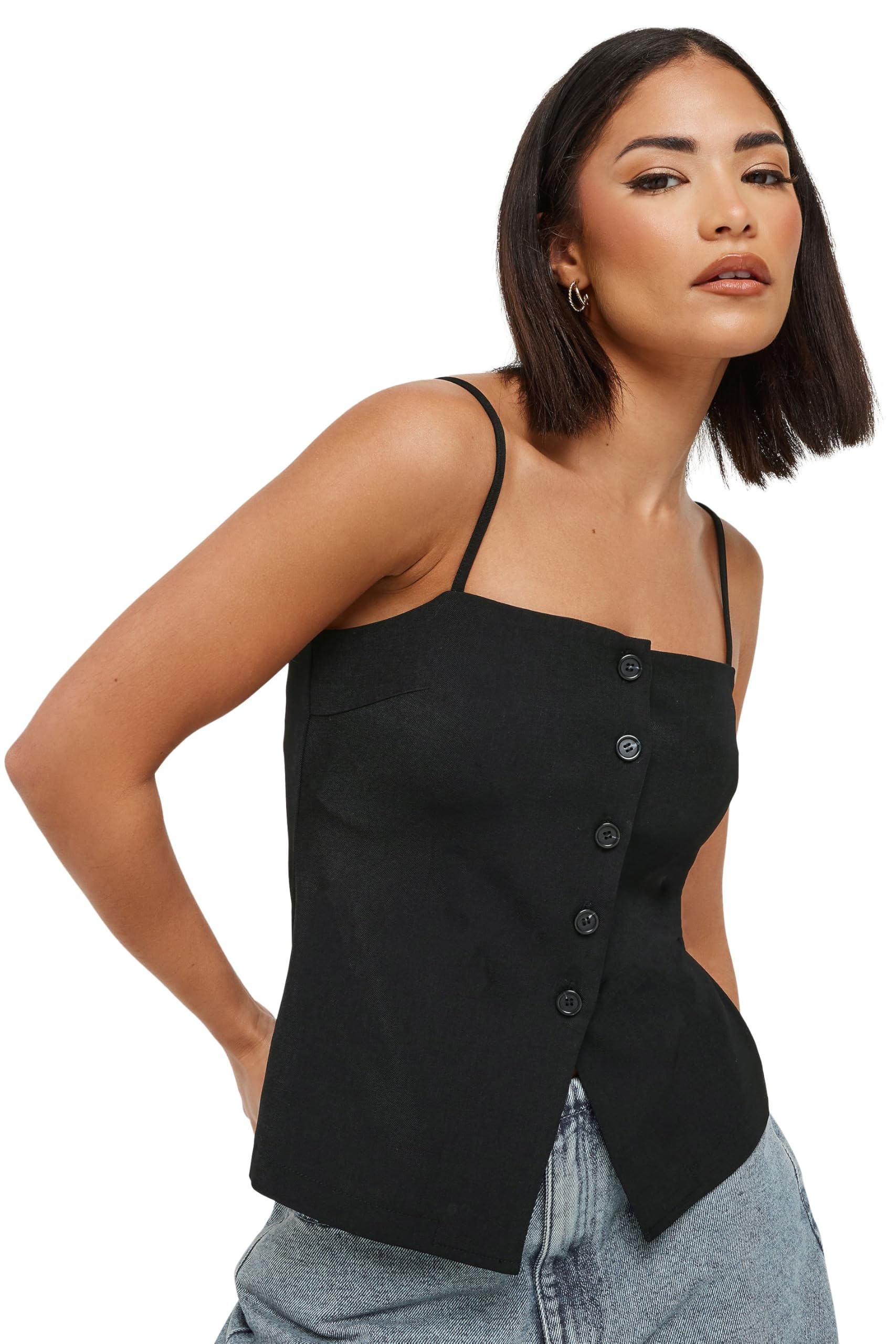 PixieGirl Women's Petite Structured Button Vest Top in Black | Size: 8