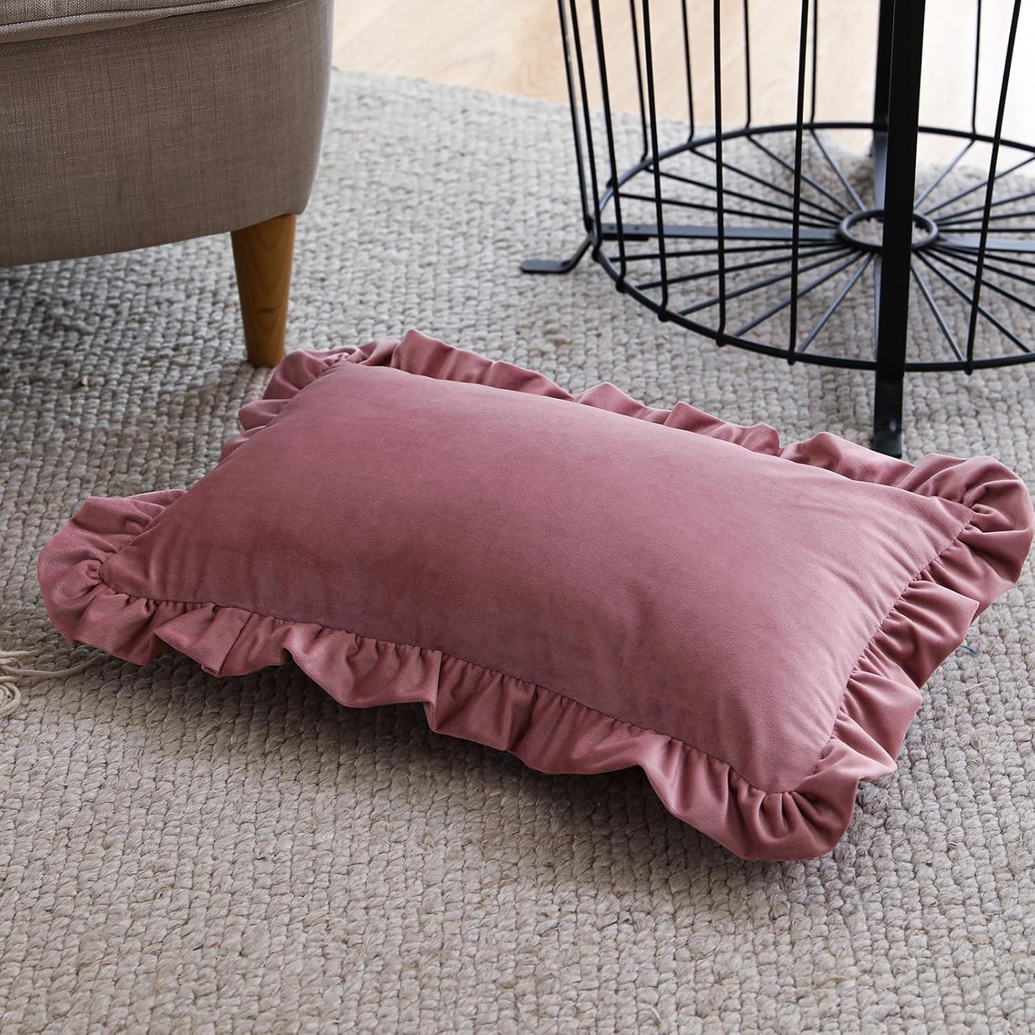 ISAENNE French Dark Peach Rectangle Throw Pillow Covers 12"x20" Set of 2, Solid Color Farmhouse Velvet Decoration Pillow Cover with Ruffles,Throw Pillow Case for Couch Sofa Bed Living Room Car