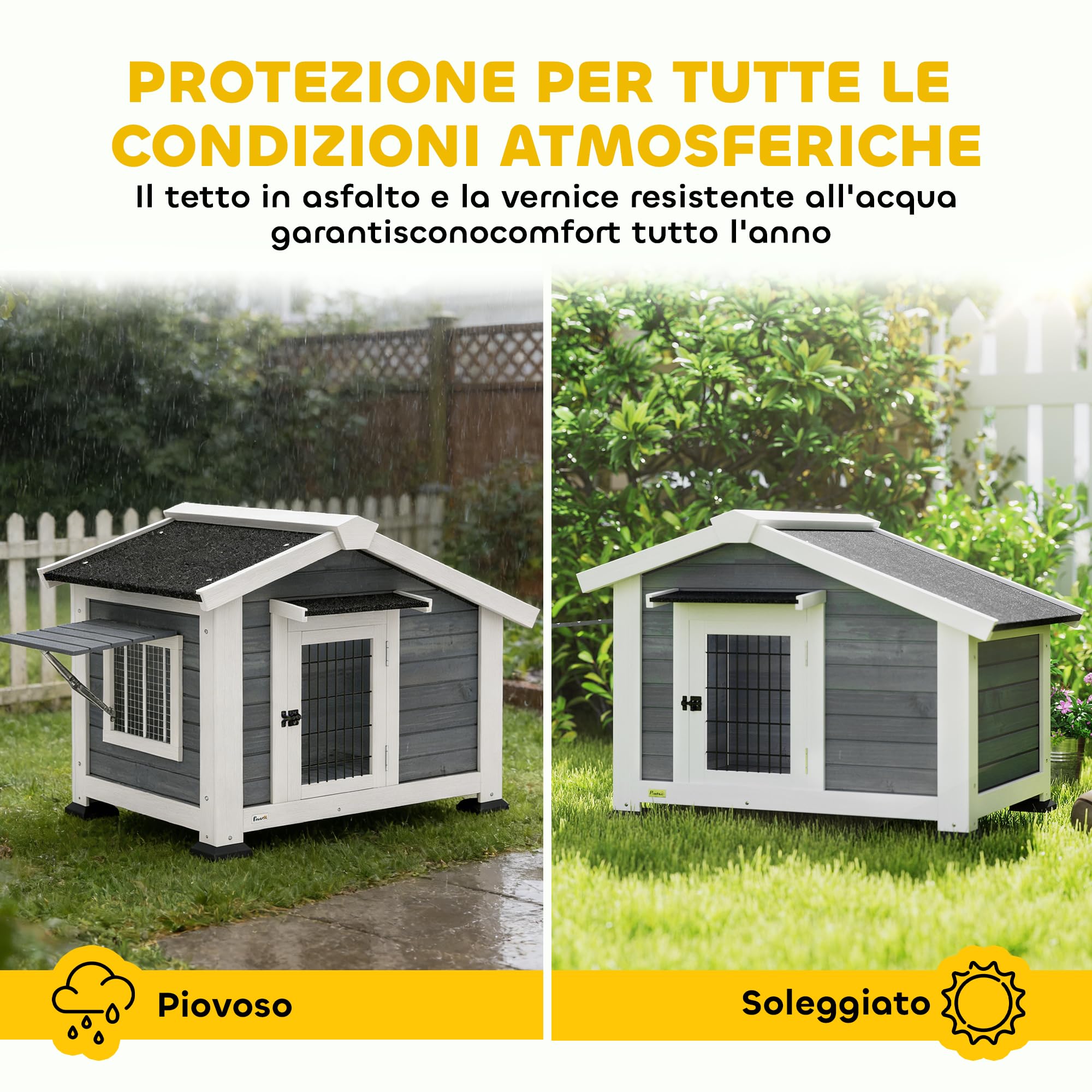 PawHut Cuccia per Cani da Esterno in Legno, Casetta per Cani Rialzato con Tetto Spiovente Impermeabile, Finestra Apribile, Facile Pulizia, Porta Ventilata, per Cani Piccola Media, 98x76x69.5cm