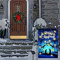 Vista 6 de Nativity - Bandera de jardín iluminada de Navidad, bandera religiosa de arpillera LED solar para patio – Cartel rústico de noche santa
