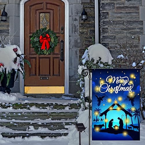 Miniatura 6 de Nativity - Bandera de jardín iluminada de Navidad, bandera religiosa de arpillera LED solar para patio – Cartel rústico de noche santa