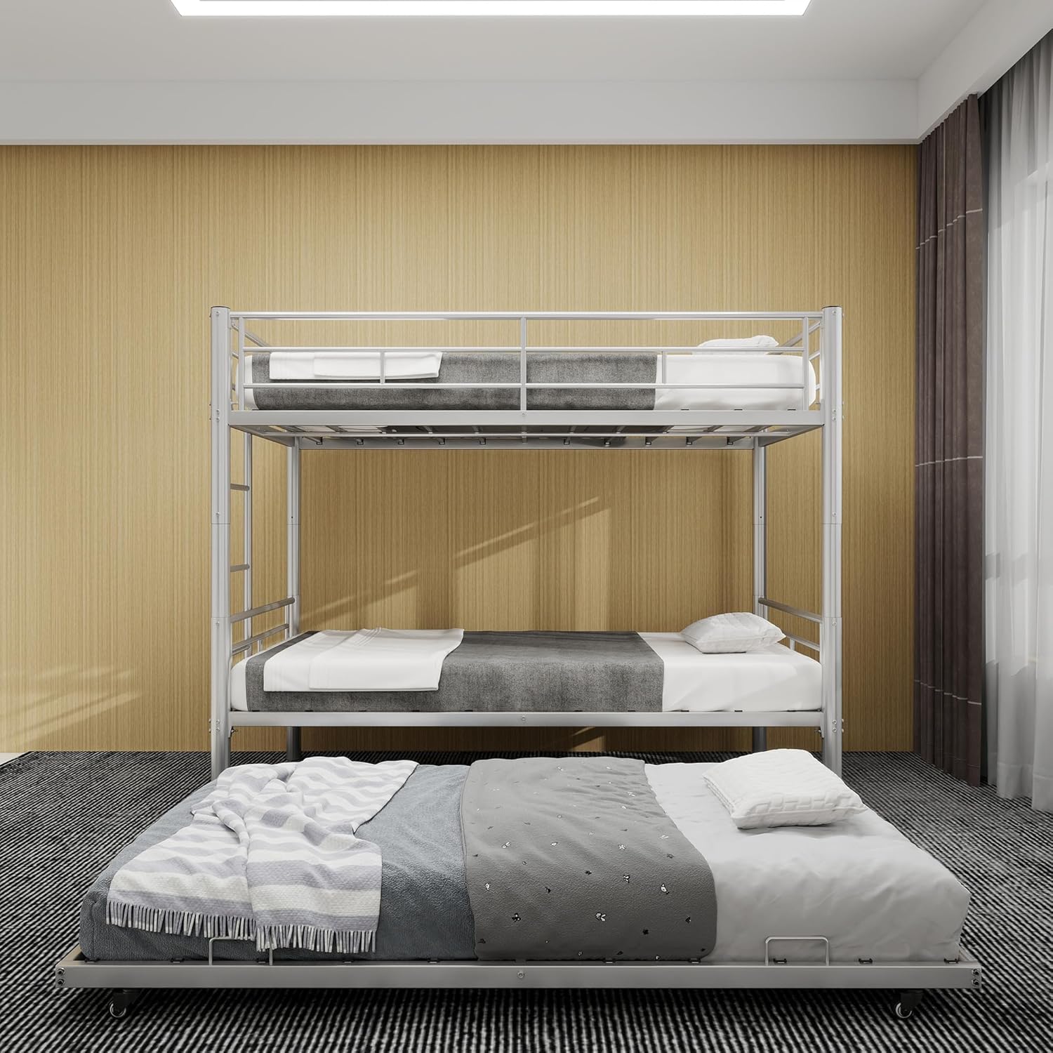 Twin Over Twin Metal Bunk Bed for Kids Teens Adults, Convertible into Two Beds, Noise-Free Steel Frame with Guardrails & Ladder, Space-Saving Design for Bedroom Dorm, Silver