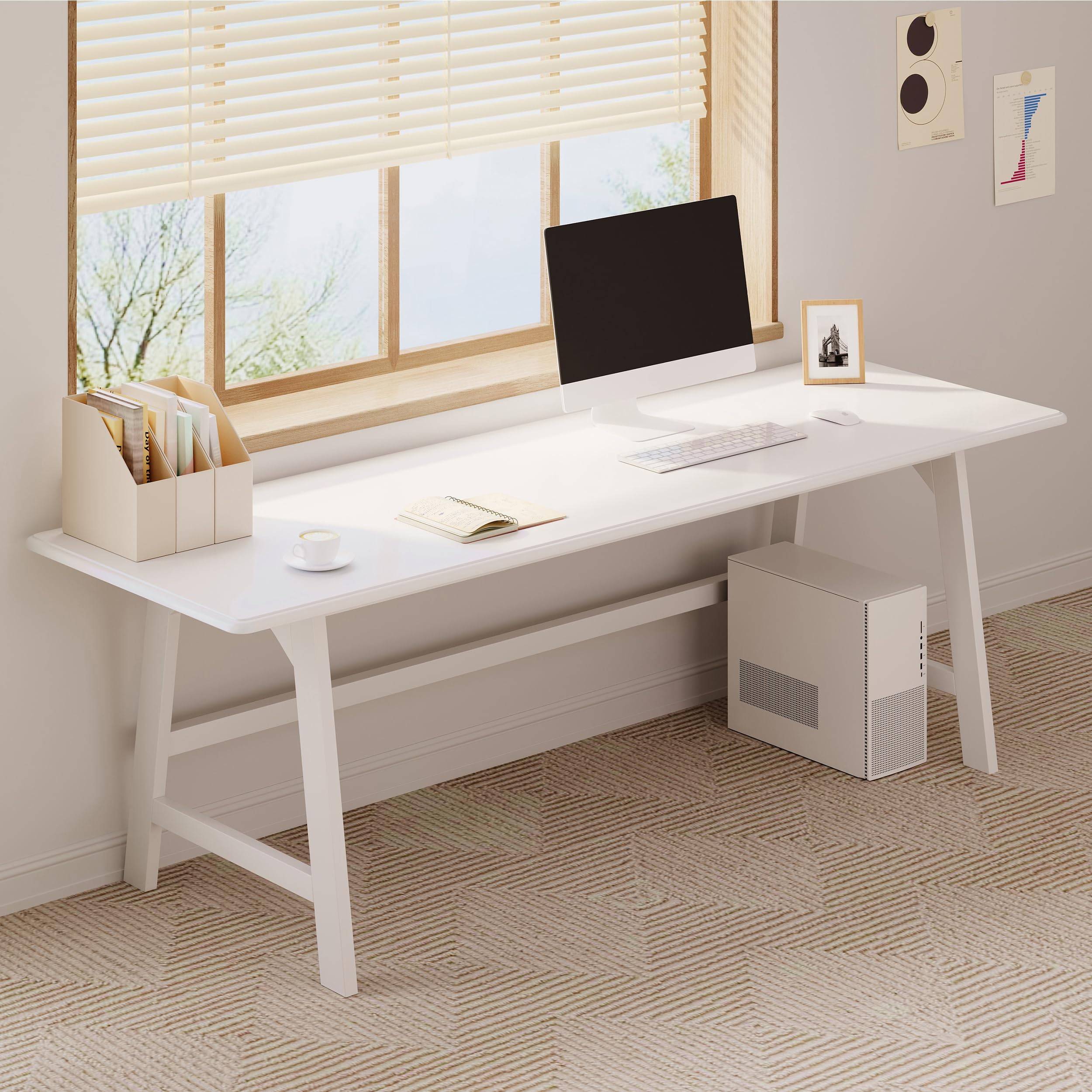 iotxy solid wood writing table - 72" w x 24" d minimalist long computer desk for home office, work, study, creativity, and pc workstation, white