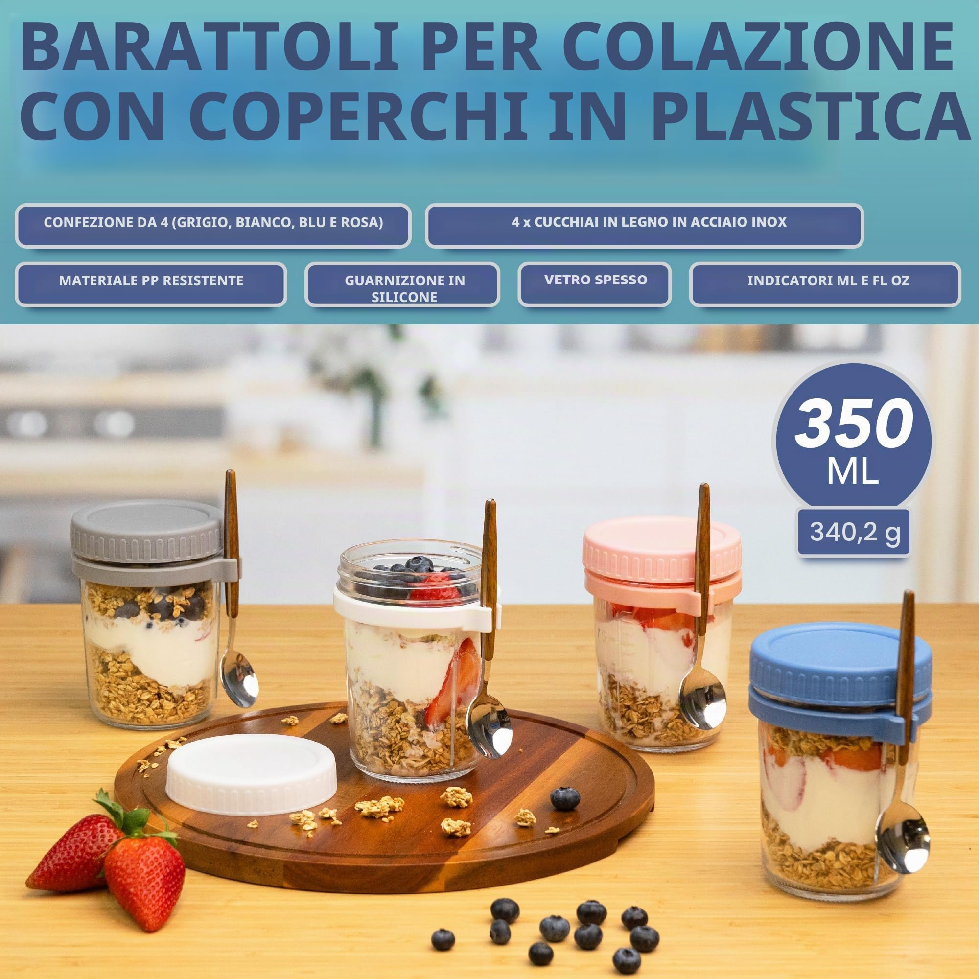 HEFTMAN Overnight Avena Barattoli con coperchio – 350 ml Barattoli ermetici per la colazione in vetro con cucchiai (confezione da 4)