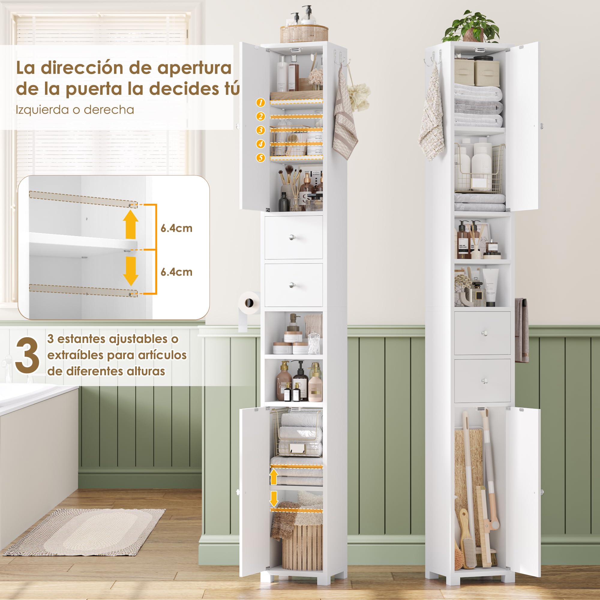 FOREHILL 181.5cm Armario Alto de Baño Armario Baño Columna Mueble Baño Estrecho, con 2 Puertas, 2 Cajones, 2 Compartimentos Abiertos, Estantes Ajustables para Espacios Pequeños Blanco, 20x20x181.5 cm