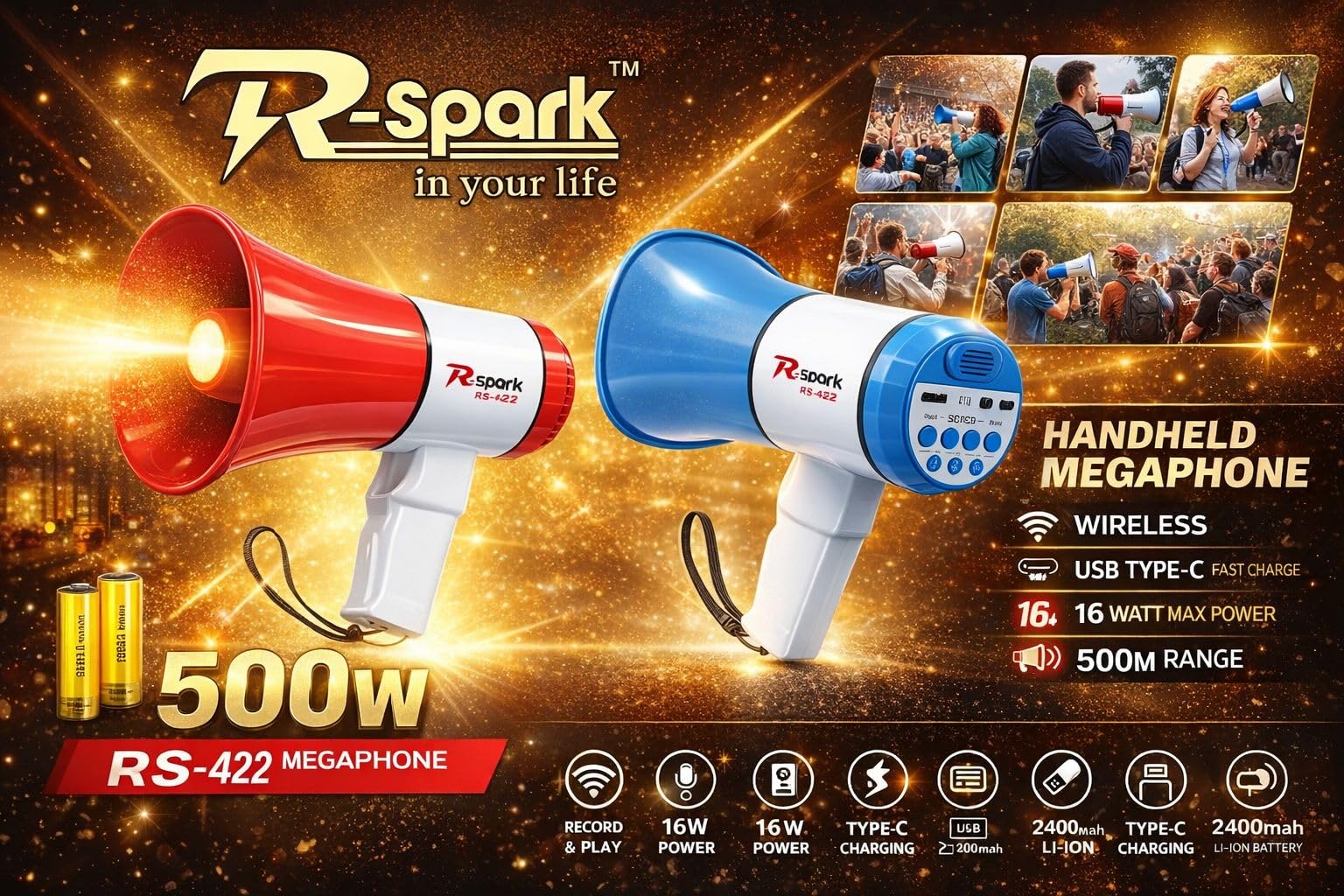 R-Spark RS-422 Handheld Megaphone, 16W, 500m Range | Wireless, USB Type-C Fast Charge, Record & Play, 2400mAh Li-Ion Battery, Model RS-422-image-1