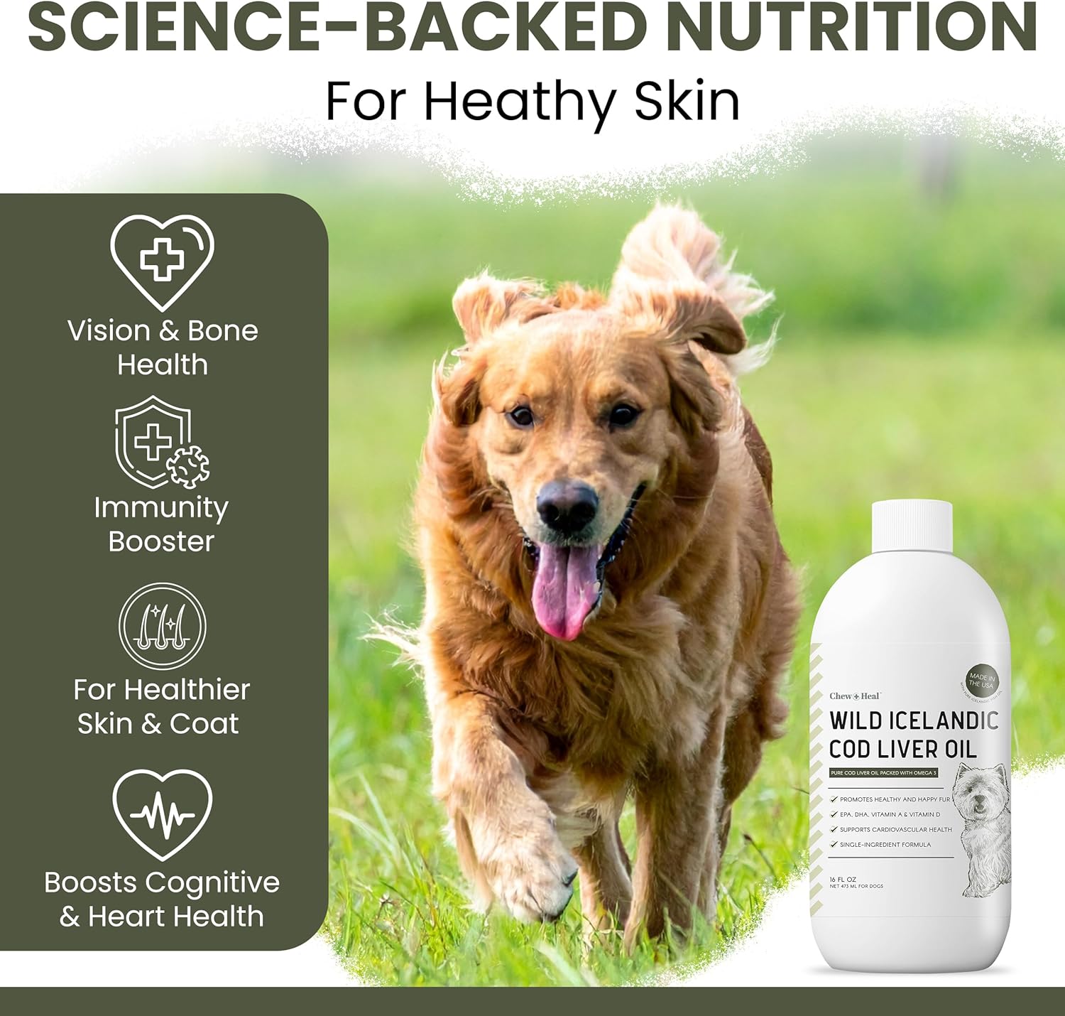 Pure Cod Liver Oil for Dogs - 16 oz - Contains Omega 3, Omega 6, Vitamin A, and Vitamin D to Reduce Itching and Promote Skin and Coat, Heart, Joint, and Immune Health - Pump Cap Bottle