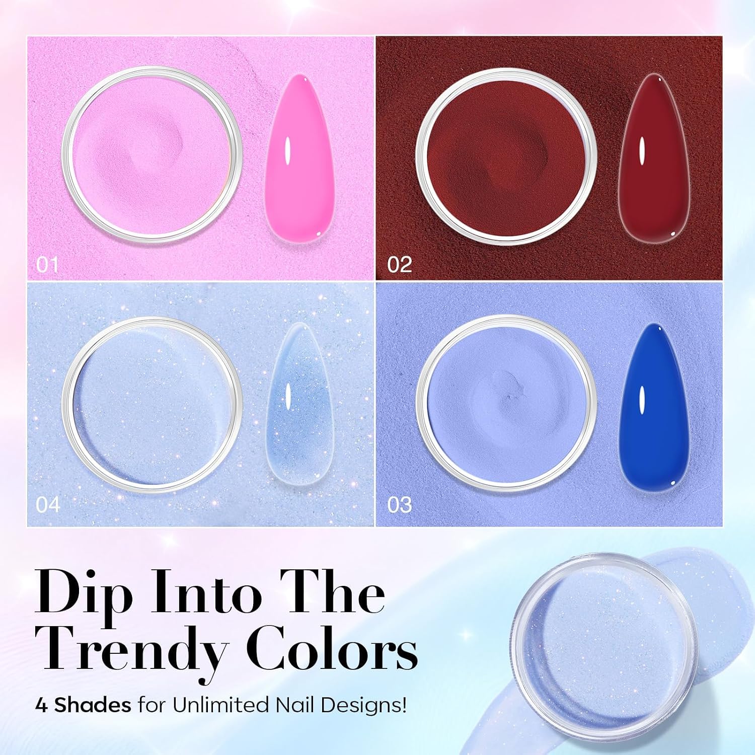 AzureBeauty Dip Powder Nail Kit, Pinkish Blue Ombré 4 Colors Upgraded Brush One-Step Dipping Powder with Base & Top Coat Activator for French Nail Art Manicure Salon DIY at Home
