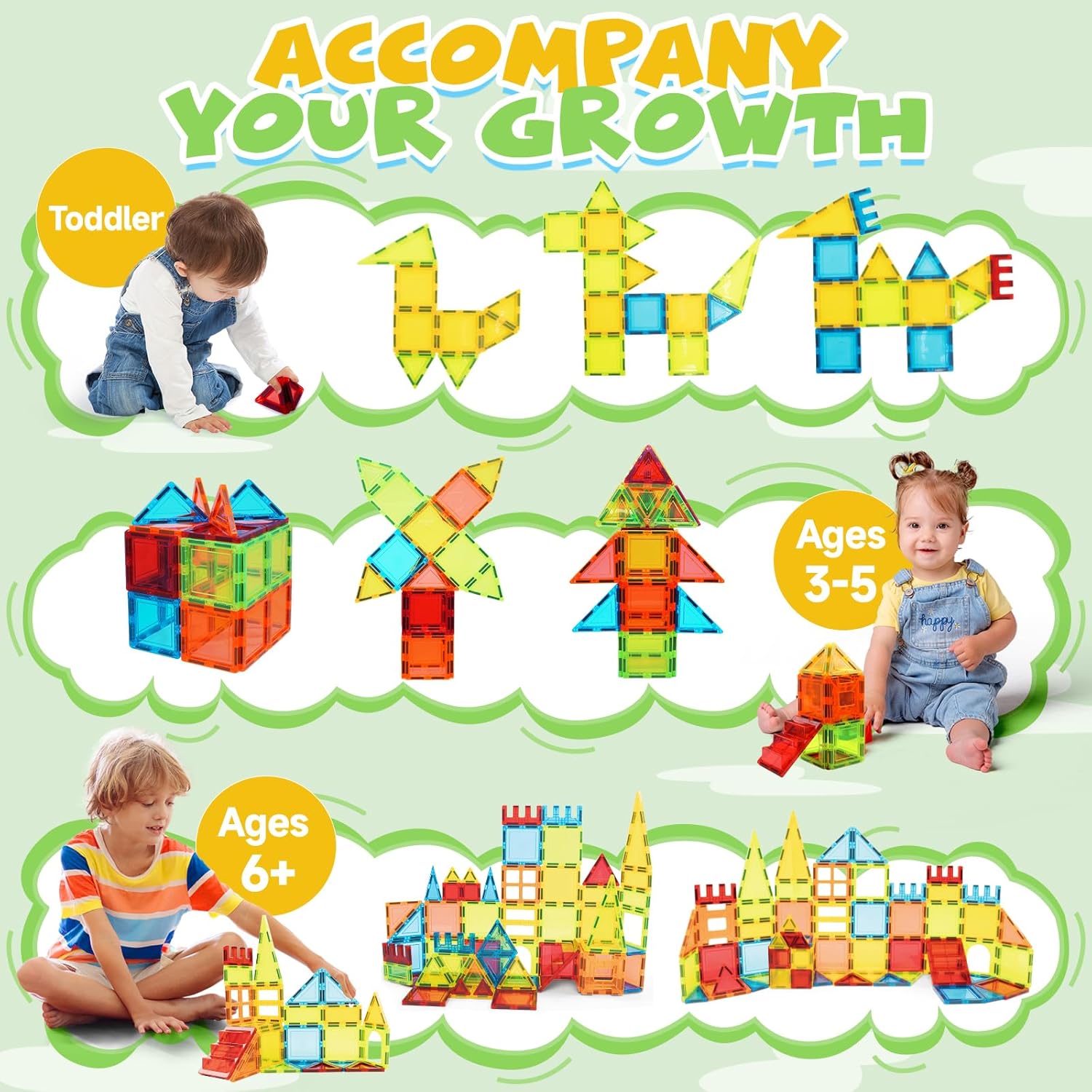 Magnetic Tiles, 60 PCS Magnetic Tiles Building Set, Educational STEM Magnets Tile Toys for Boys Kids Toddlers Ages 3 4 5 6 7 8 9+ Year Old - Image 2