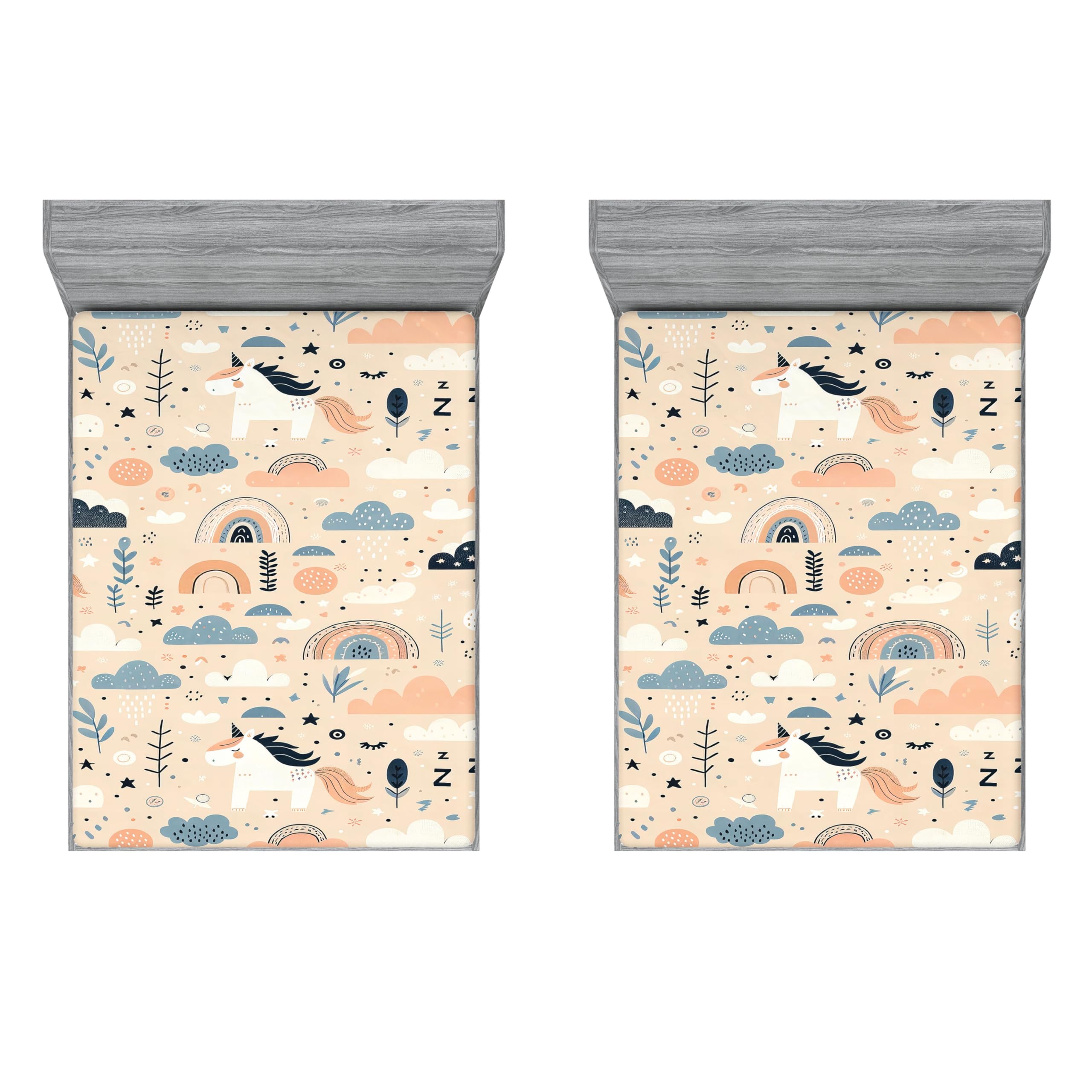 Ambesonne Fantasy 2 Pack Fitted Sheet, Dreamy Unicorn Mid Century, Bed Cover All-Round Elastic Deep Pockets 2 Pieces, Package Contains 2 Queen Size Fitted Sheets, Peach Slate Blue