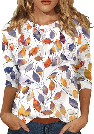 HTHLVMD Womens 3/4 Length Sleeve Tops 2025 Fall Fashion Floral Print Crewneck Causal Trendy Tunic Tops for Women