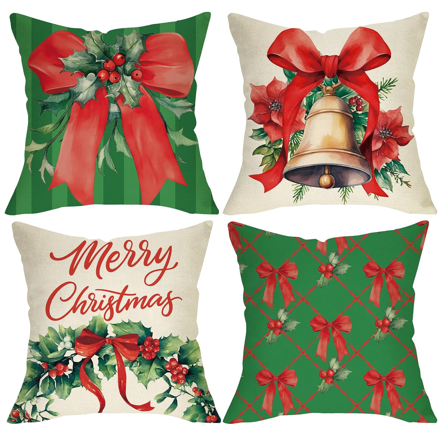 Fjfz Merry Christmas Bow Decorative Throw Pillow Covers 18 x 18 Set of 4 Green Xmas Coquette Ribbon