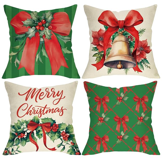 Fjfz Merry Christmas Bow Decorative Throw Pillow Covers 18 x 18 Set of 4 Green Xmas Coquette Ribbon