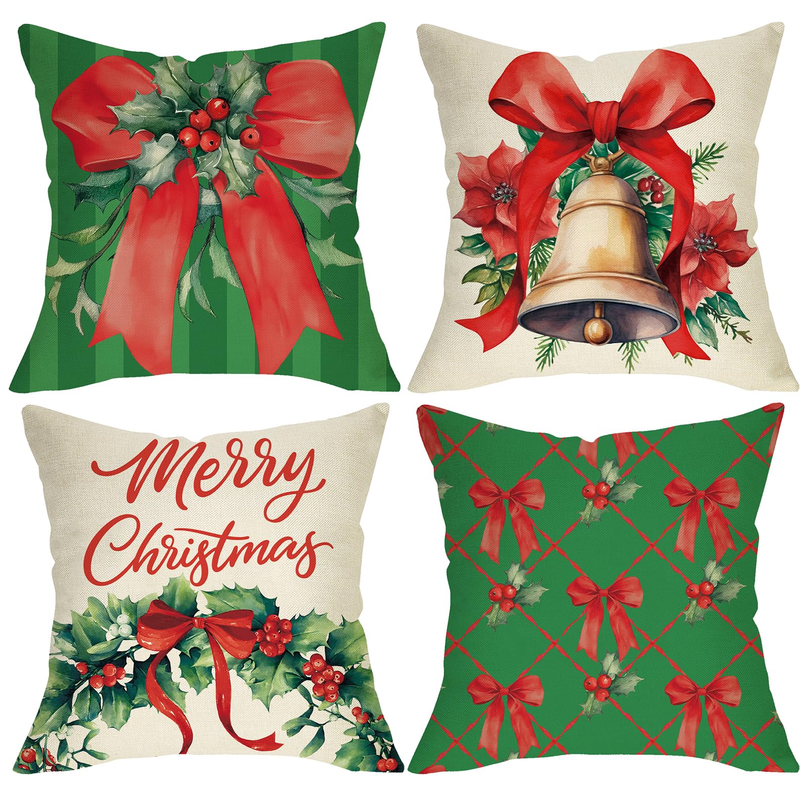 Fjfz Merry Christmas Bow Decorative Throw Pillow Covers 18 x 18 Set of 4 Green Xmas Coquette Ribbon