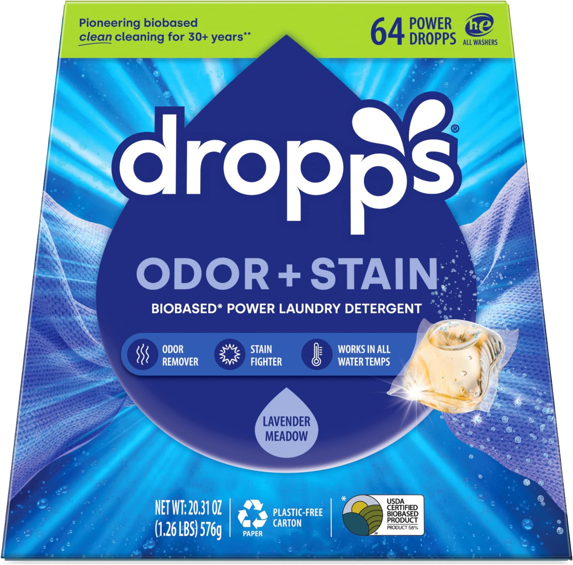 Dropps Odor & Stain Laundry Detergent Pods, Lavender Meadow (64 Count) - Powerful Laundry Pods | Complete Clean Laundry Soap | Fights Odors & Stains | Clean Ingredients | Plastic Free Packaging