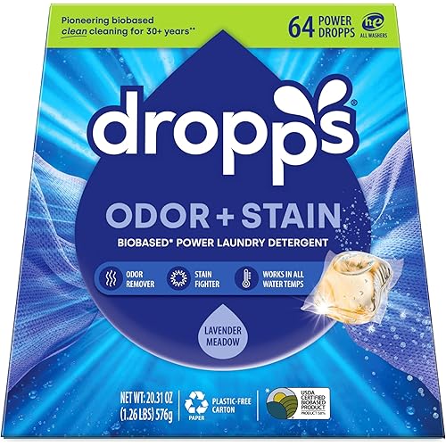 Dropps Odor & Stain Biobased Power Laundry Detergent Pods, Lavender Meadow (64 Count) - HE Compatible Laundry Pods for Fresh Clothes - Washing Detergent Soap Supplies & Recyclable Paperboard Packaging