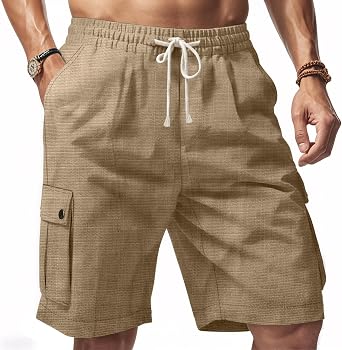 Linen Shorts for Men Summer Drawstring Elastic Waist Cargo Shorts Casual Solid Lightweight Beach Tops with Pockets