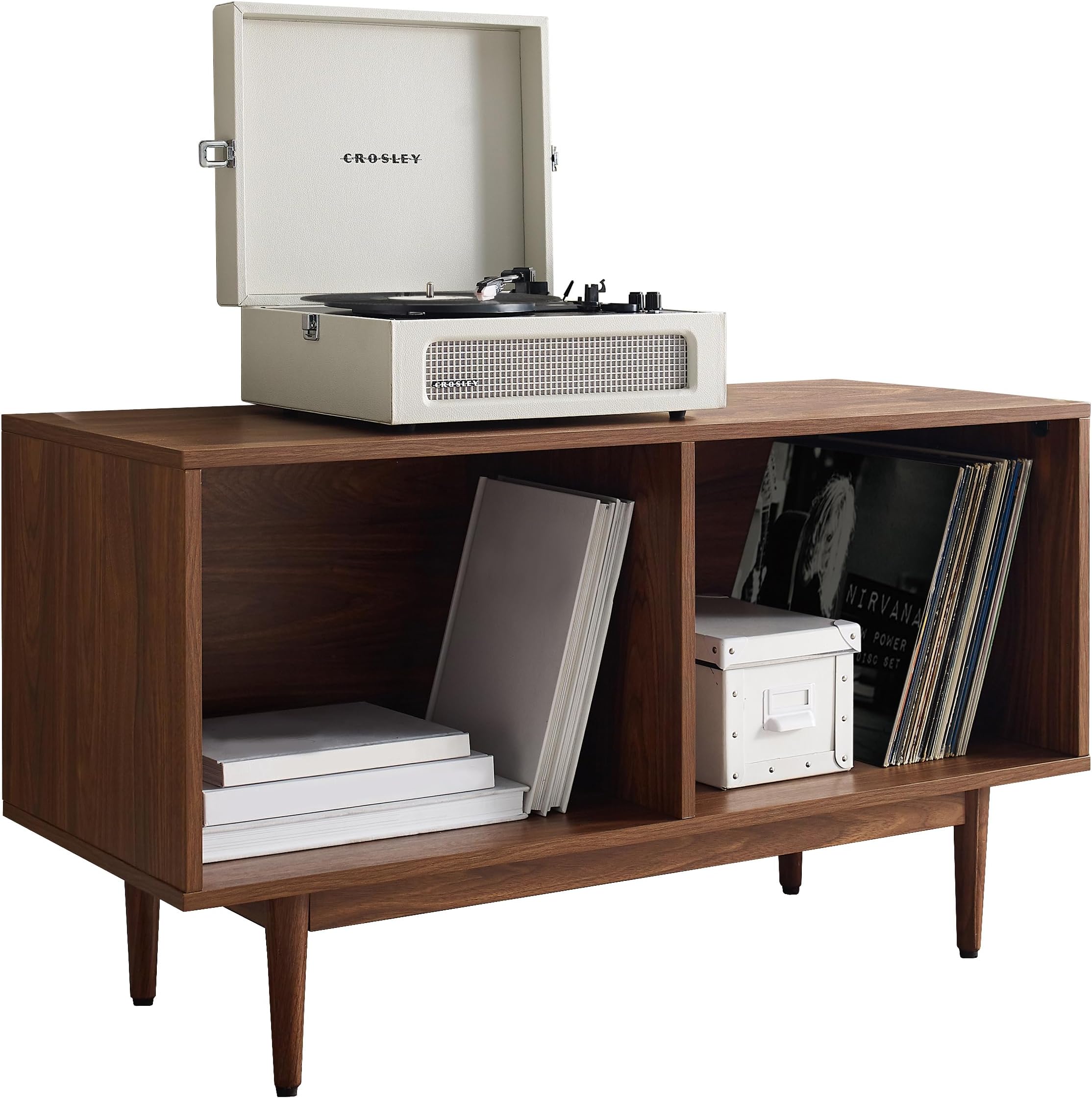 Crosley Furniture Liam Medium Vinyl Record Storage TV Stand and Entertainment Center, Media Console, Walnut