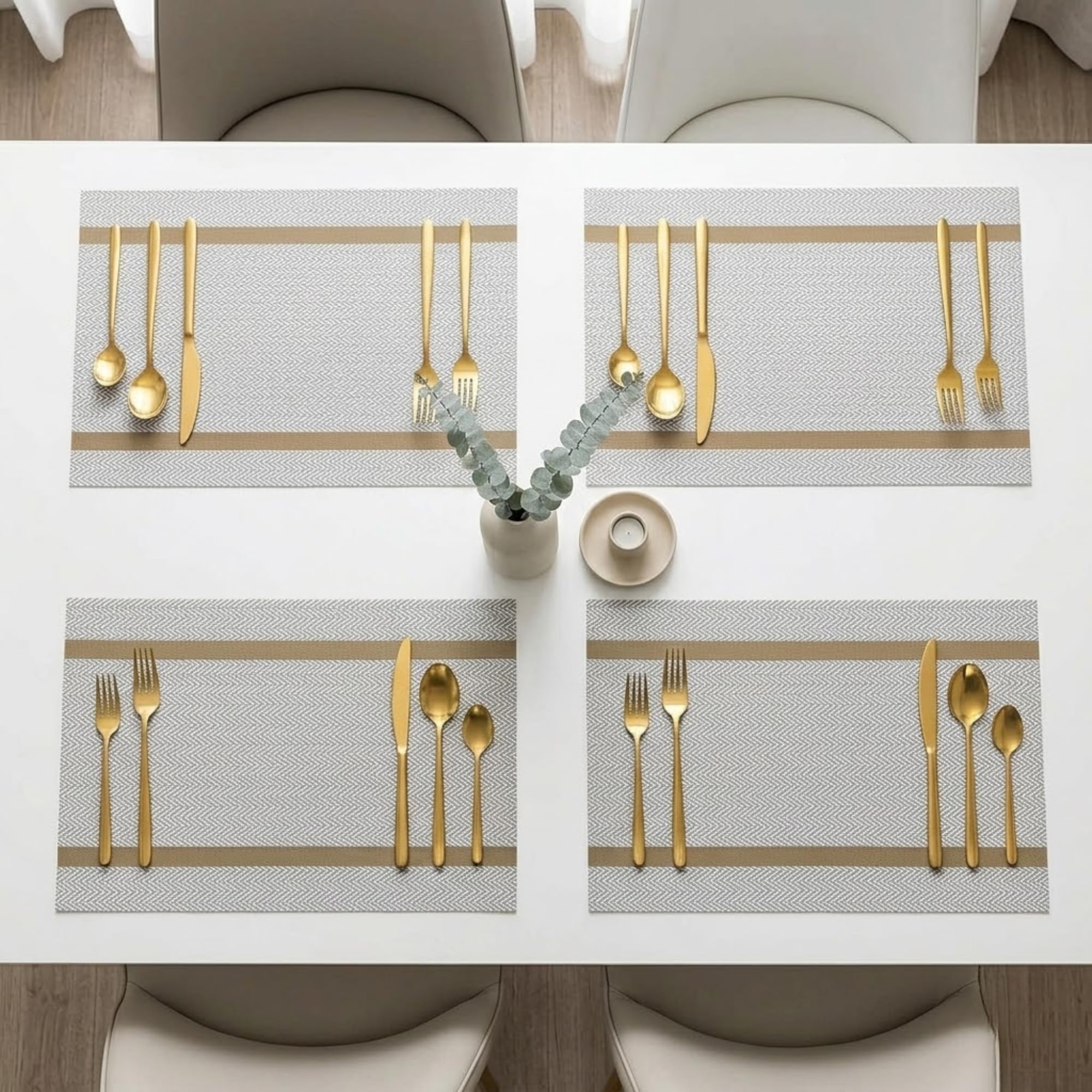 daiDokoro Rectangular Crossweave Woven PVC Vinyl Non-Slip Insulation Heat-Resistant & Waterproof Stain Resistant Washable Placemat for Dining & Kitchen Table-(Beige & Gold,Set of 4)