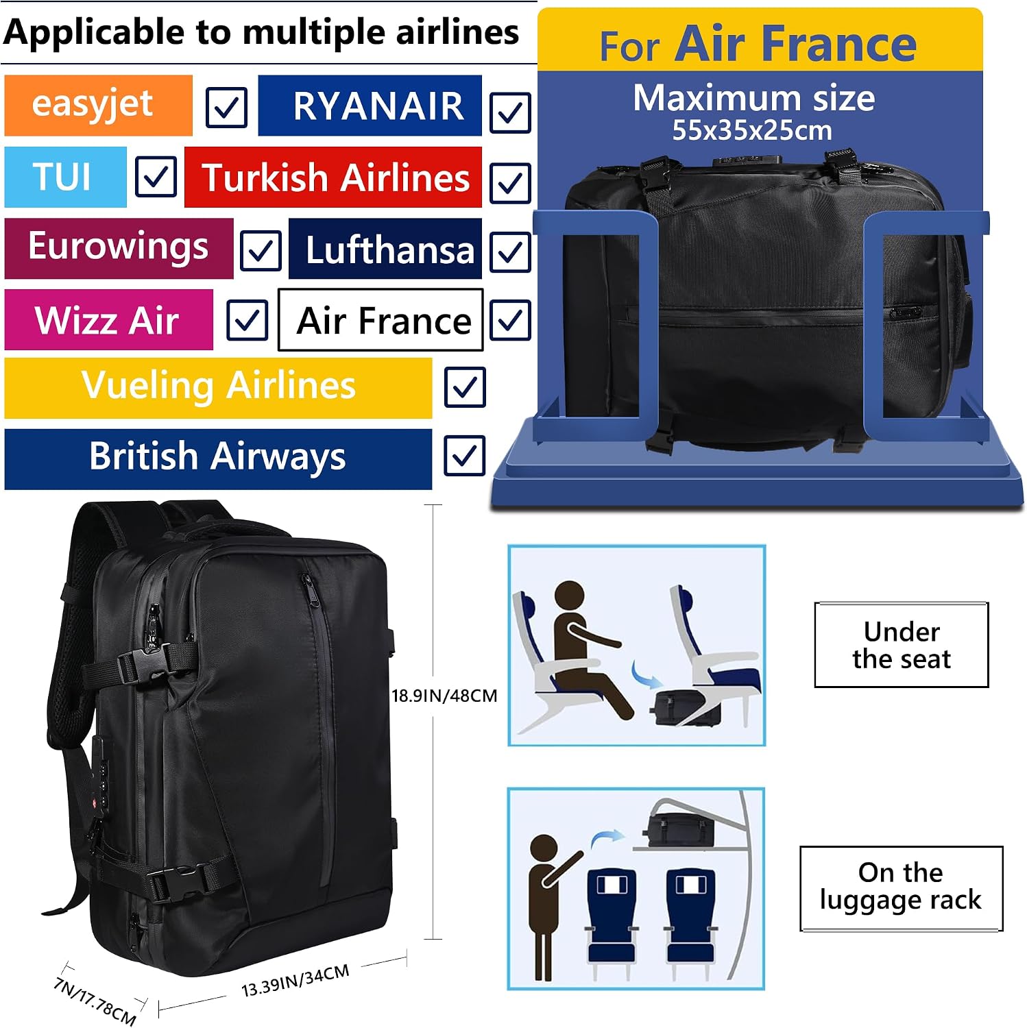 Vacuum Backpack Travel with Pump, 60L Exapandable Air Compression Vacuum System, Available Boarding, Carry on Luggage, Water Resistant, TSA Lock and Strong Sealing Airbag for Travel, Black