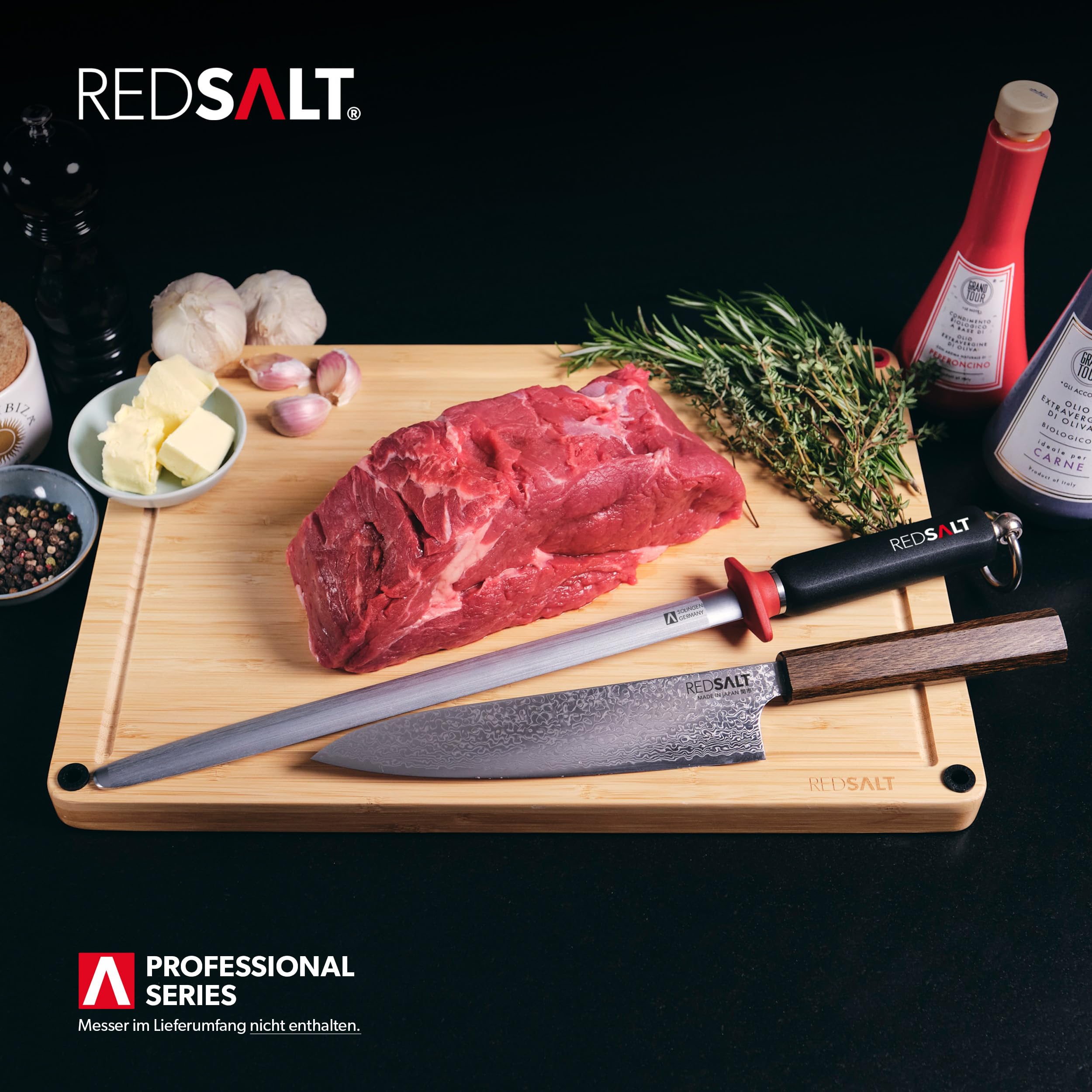 REDSALT® Profi Wetzstahl 30 cm oval – Microfeiner Saphirzug für Damastmesser & hochwertige Kochmesser | HRC 65 Chrom-Vanadium-Stahl | Made in Solingen | Premium Messerschärfer