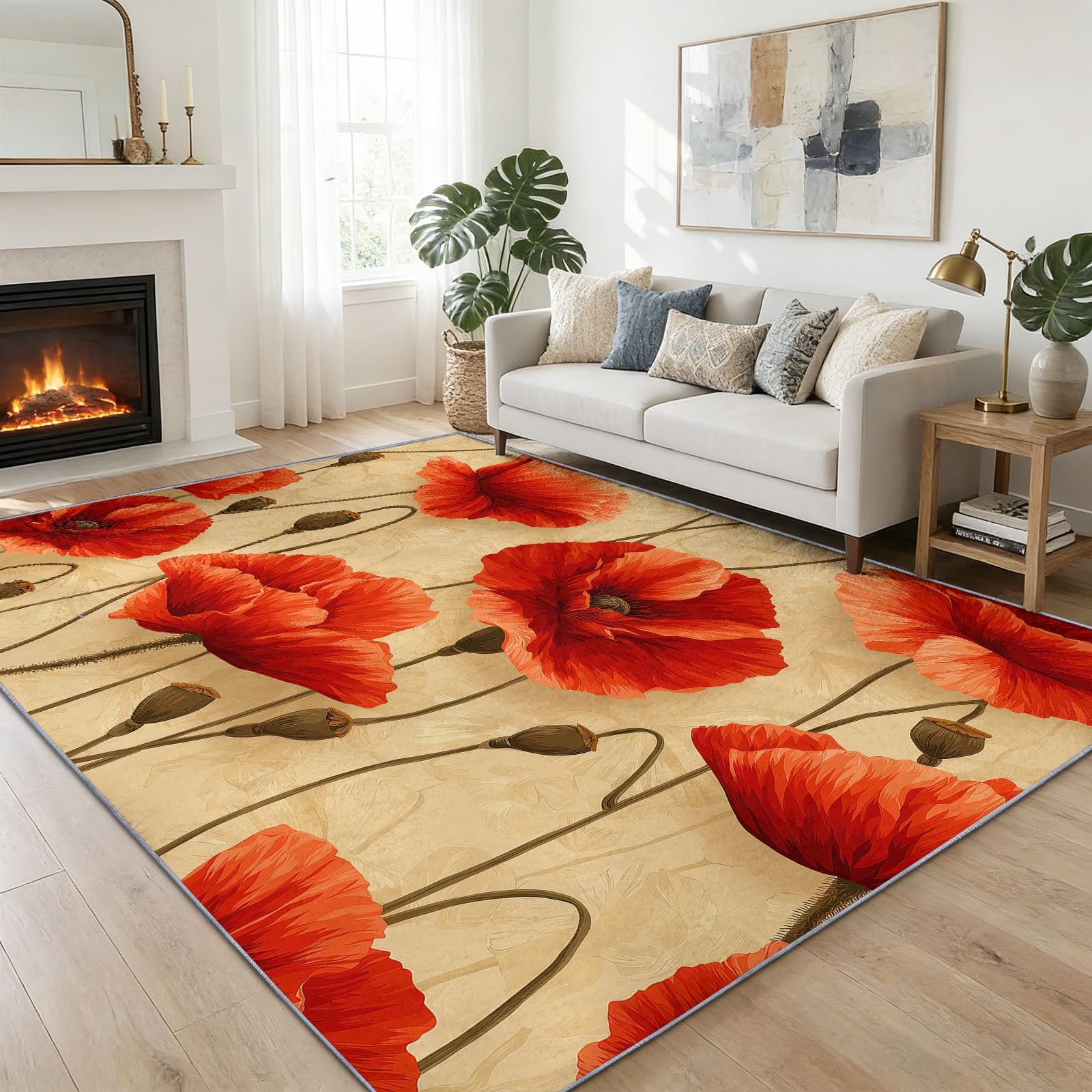 Nadaje się do prania, dywan do salonu, 160 x 230 cm, antypoślizgowy, kremowy, miękki, z krótkim włosiem, elegancki dywan na rośliny, kwiaty, maki, mata do sypialni, jadalni, domu, biura, pokoju
