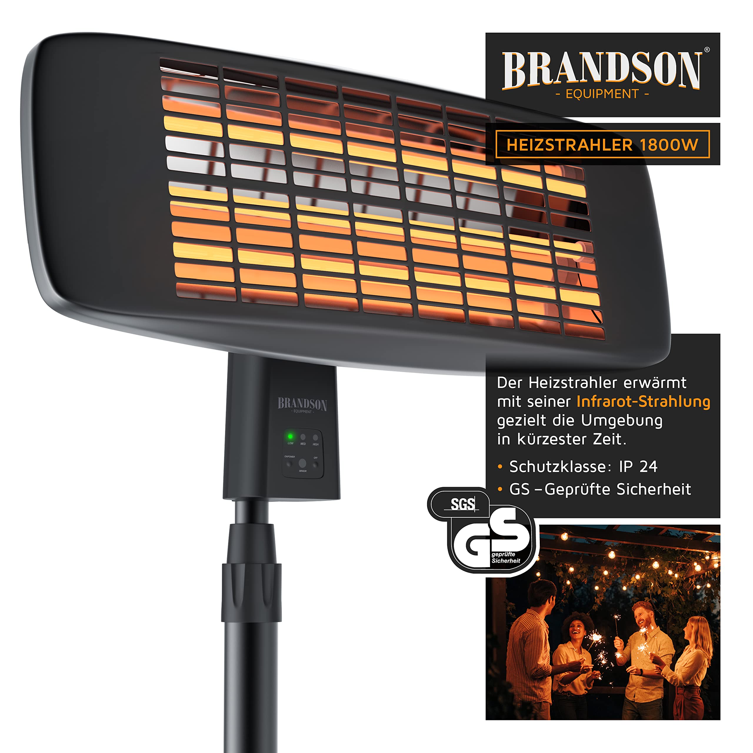 Brandson - Infrarot Heizstrahler mit Fernbedienung - Heizlüfter Terrassenheizstrahler - 3 Leistungsstufen Heizelemente - Inkl. Fernbedienung - LED Power-Indikator - Wandhalterung