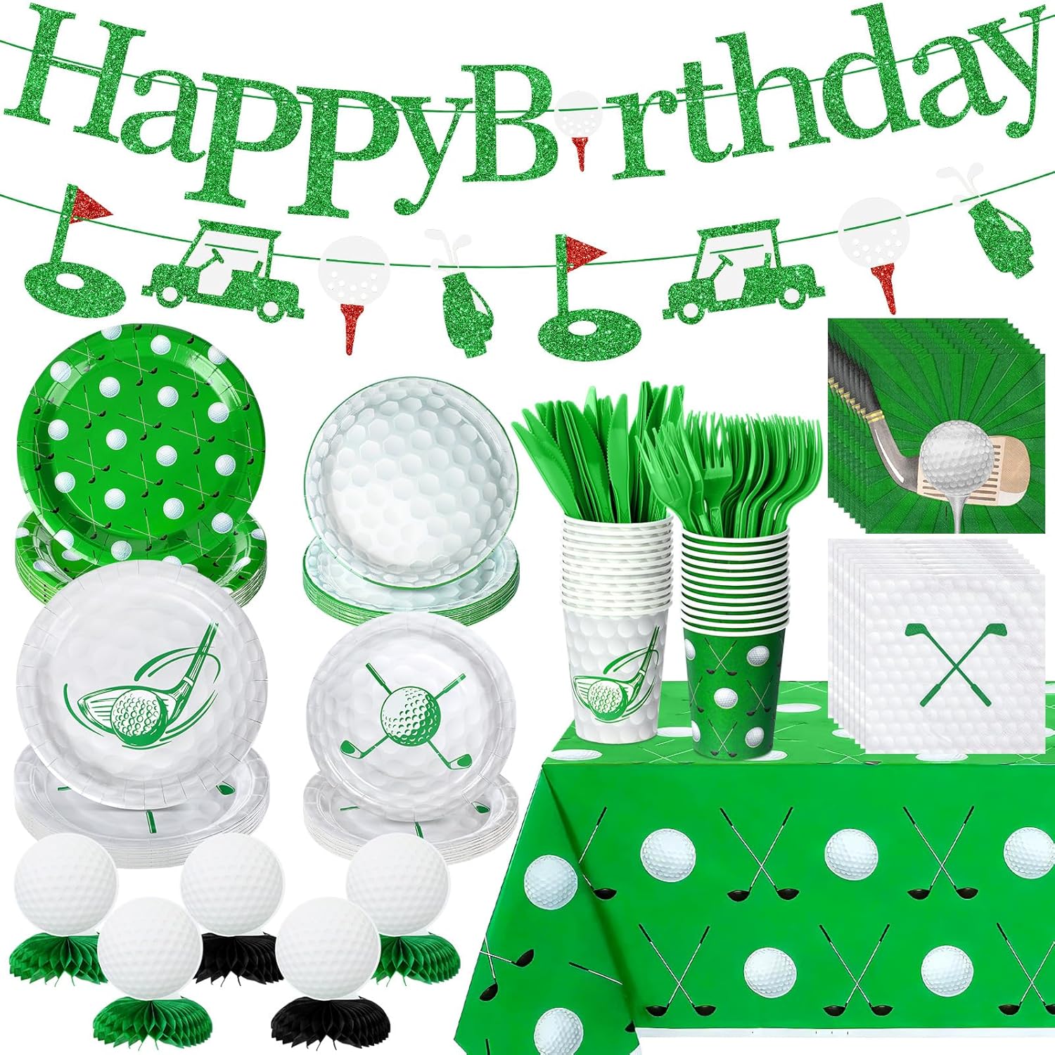 Golf Birthday Party Decorations Include 7'' 9'' Paper Plates, Napkins, Cups, Cutlery, Banner, Honeycomb, Tablecloths Tableware Set for Golf Birthday Baby Shower Supplies, Serves 24