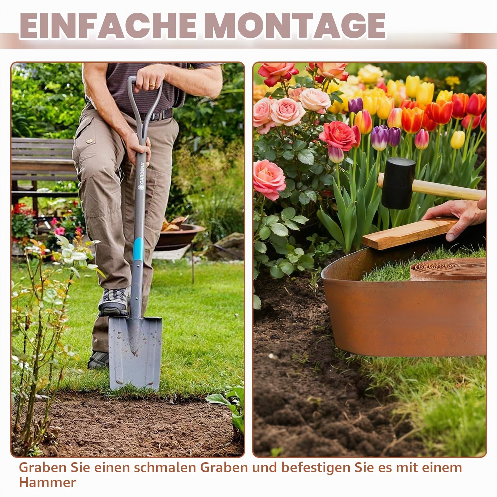 DAJAVE Rasenkante Metall 15M x 15CM, Beeteinfassung Verzinkt aus Stahlblech, 0.3mm Flexible Beetumrandung Rolle, Rasenbegrenzung für Garten inklusive Handschuhen & Box