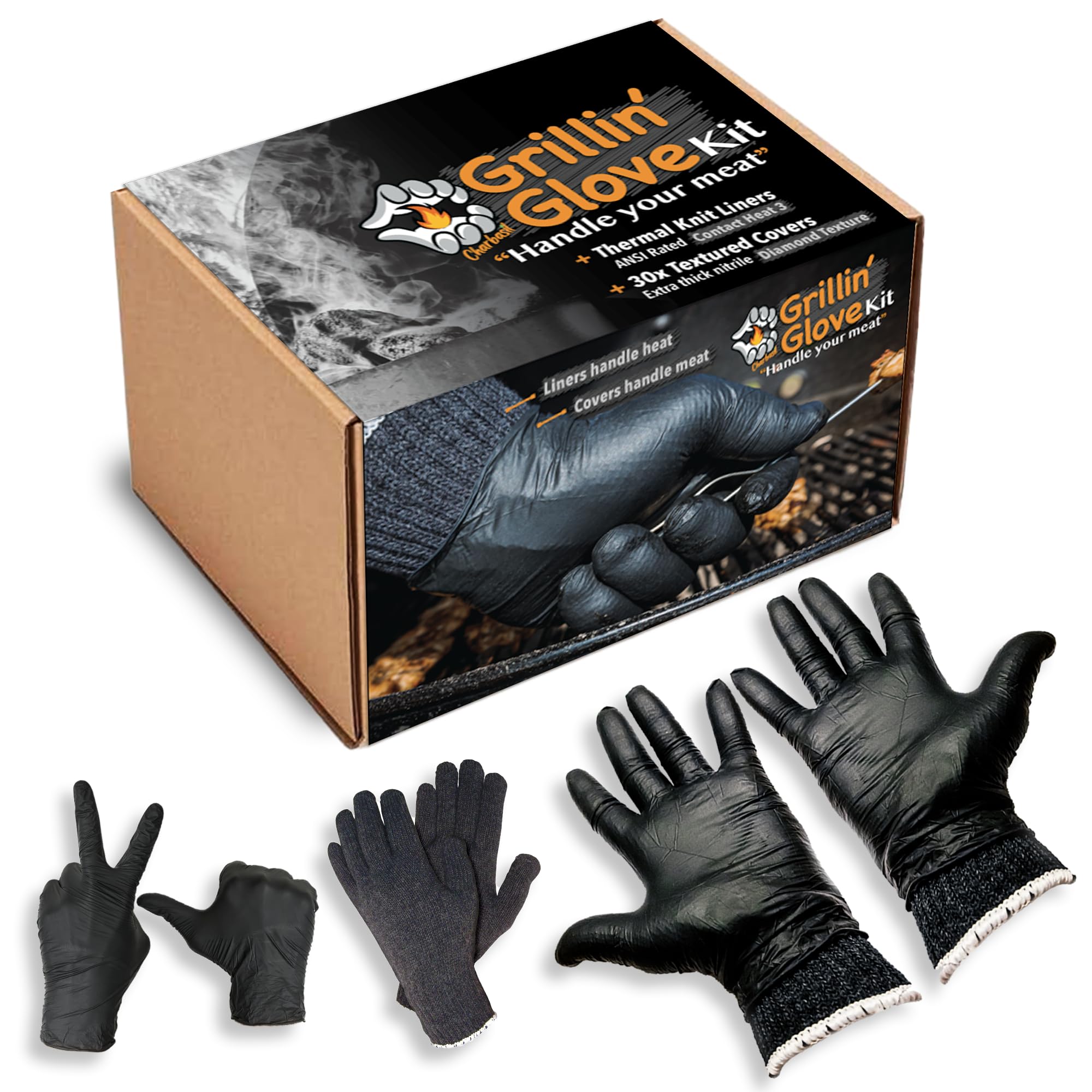 Grilling Glove Kit – 100 Black Nitrile Gloves – 4 Thick Cotton Liners – Disposable BBQ Gloves with Washable Heat-Resistant Liners – Replaceable Cover Oven Mitt for Barbecue and Smoking Meat