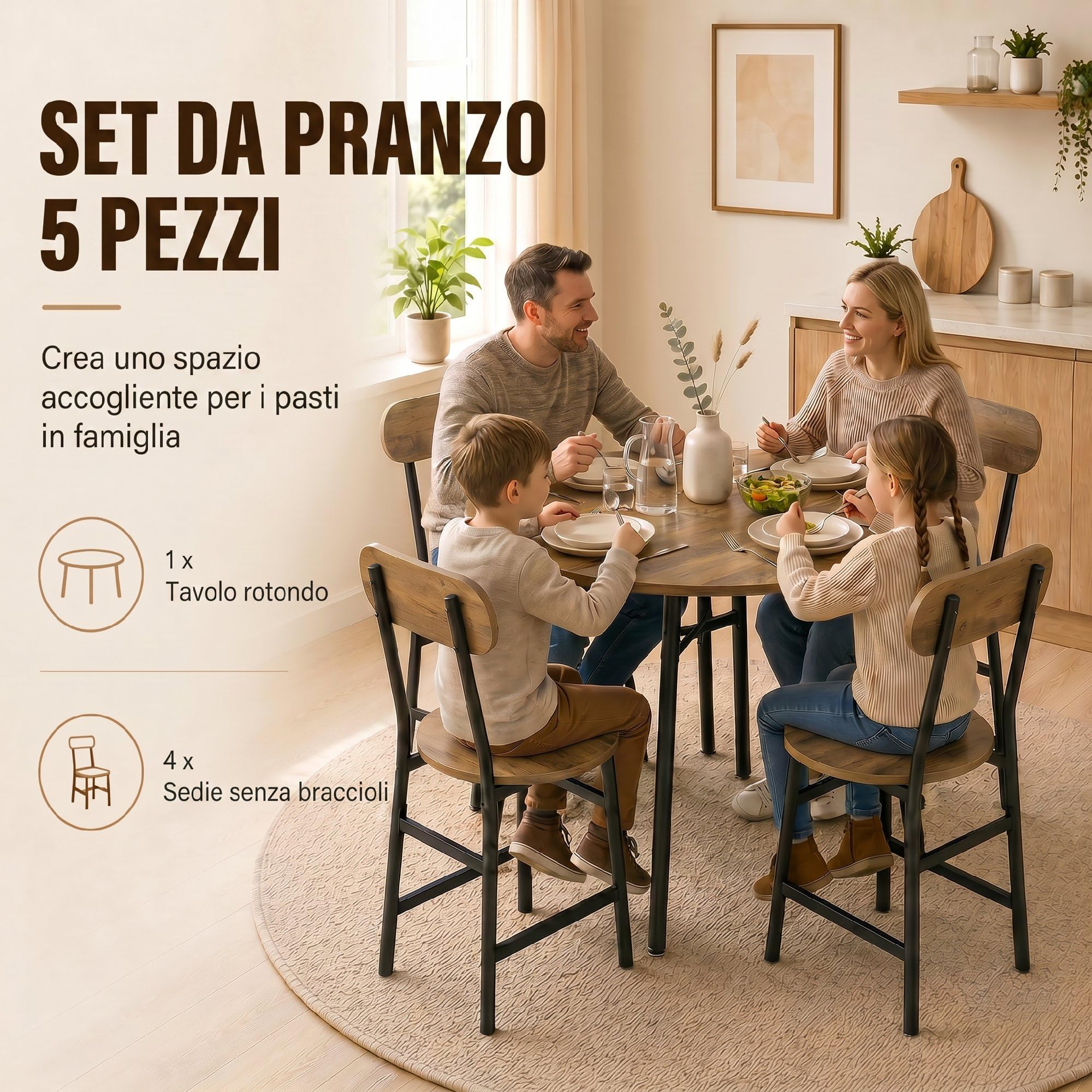 HOMCOM Set Tavolo e Sedie Sala da Pranzo 5 Pezzi, Set da Pranzo per 4 Persone Industriale con Tavolo Cucina Rotondo Effetto Legno e 4 Sedie Salvaspazio, Gambe Metallo, per Soggiorno Cucina Color Legno
