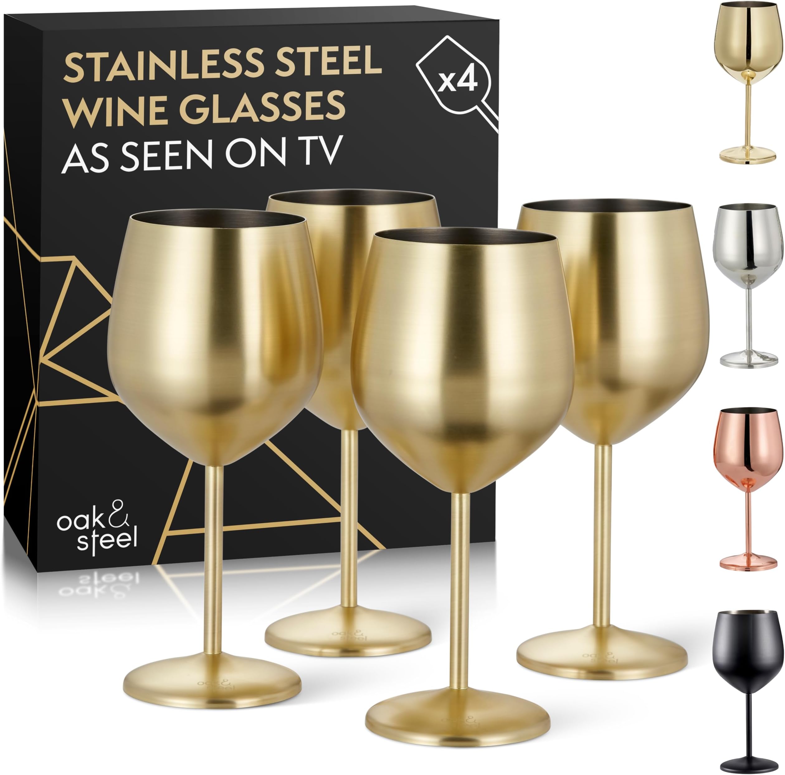 Oak & Steel - 4 Elegant Gold Stainless Steel Wine Glasses, 540ml - Unbreakable Wine Goblet Balloon Glass Gift Set, for Home Bar, Weddings, Anniversary, Birthday Party