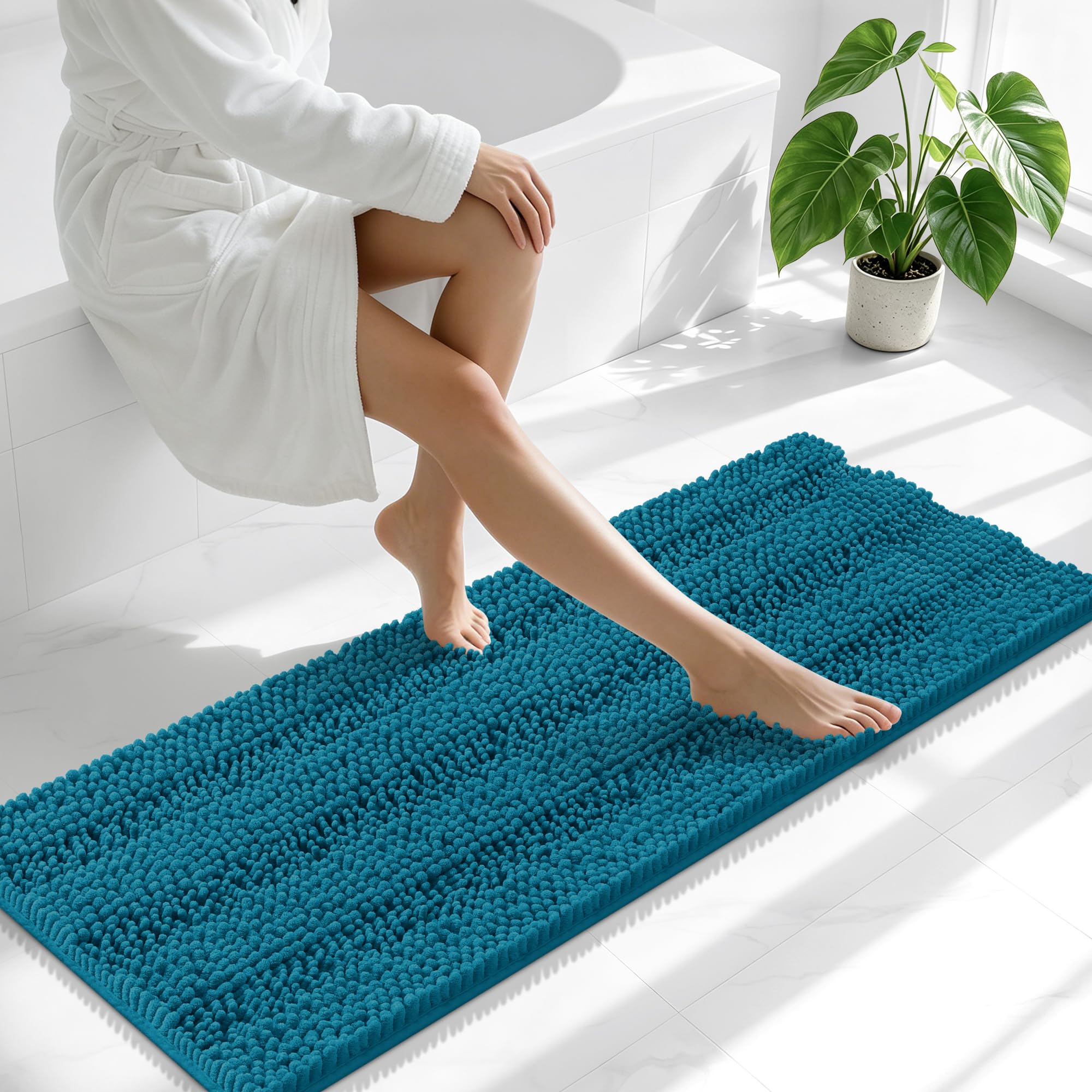 Smiry Thick Chenille Bathroom Runner Rugs 47x17, Bath Mat, Peacock Blue