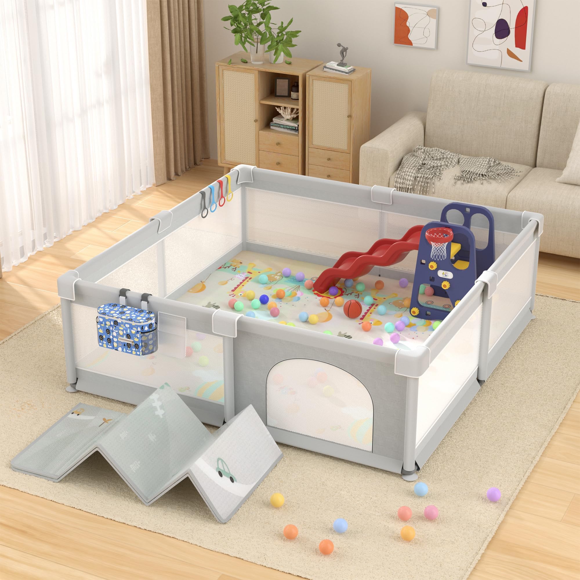 LUTIKIANG ベビーサークル 79インチ x 71インチ 赤ちゃんと幼児用プレイヤード マット付き 安全特大ベビーフェンスエリア 屋内&屋外キッズアクティビティプレイセンター 滑り止め吸盤とジッパーゲート付き