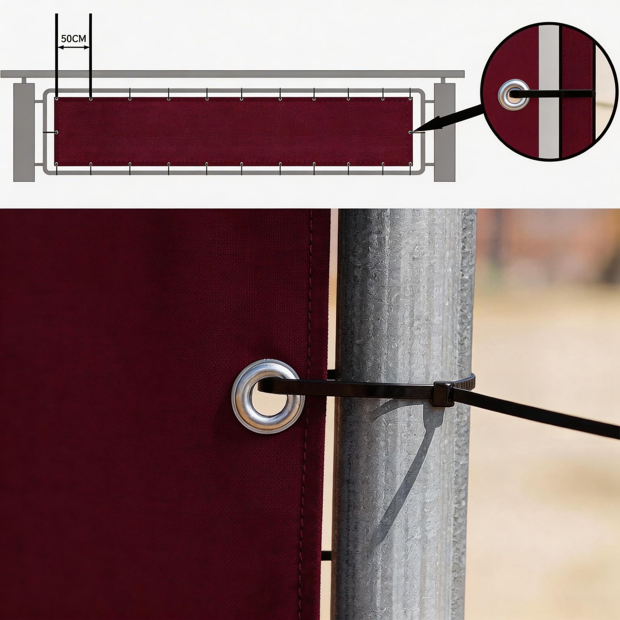 Bâche de Balcon Brise-Vue Imperméable Protection UV 90 x 320 cm Vin Rouge