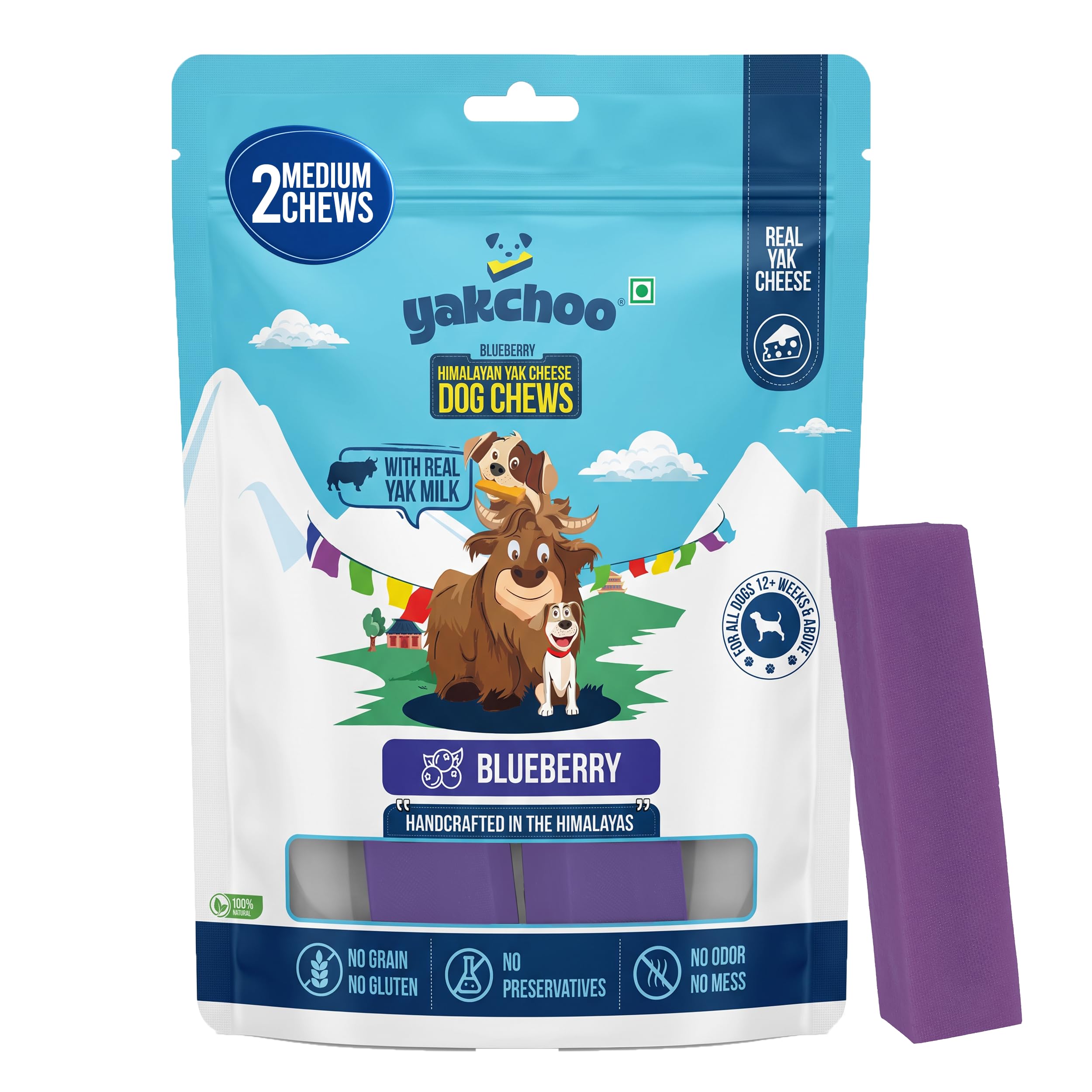 Yakchoo Blueberry Fruit Flavor Himalayan Yak Cheese Dental Chews for Dogs - (Medium - 2 Chews) 60% Protein, Dog Treats Healthy Cleans Teeth & Freshens Breath No Grain, No Gluten Dog Chews Rawhide Free