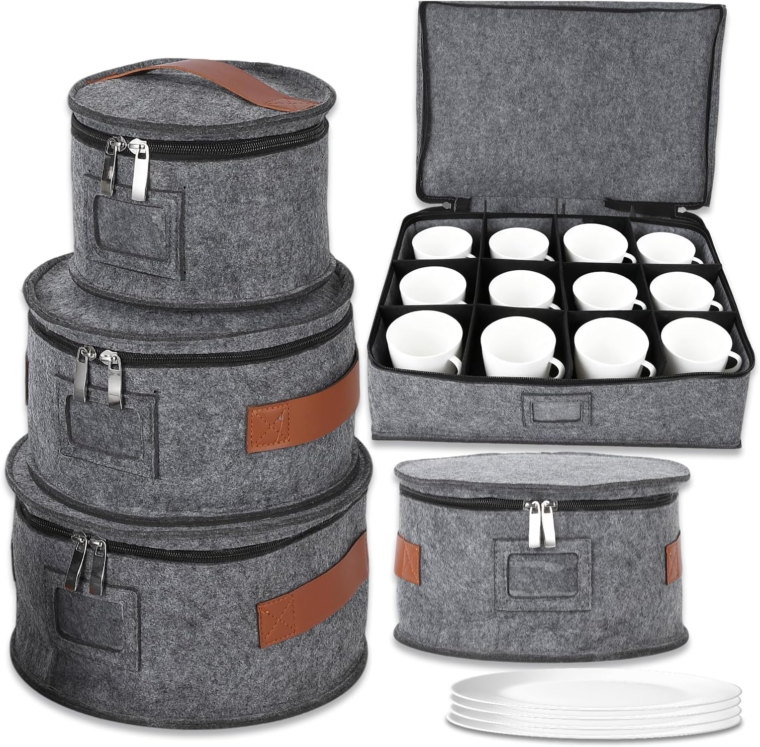 5-Piece Premium Dinnerware Storage Set, Felt Lined Dish & Mug Organizer Box with Zipper, Protective Cases for Plates, Bowls, Cups Moving and Cabinet Organization, Scratch-Free, Grey
